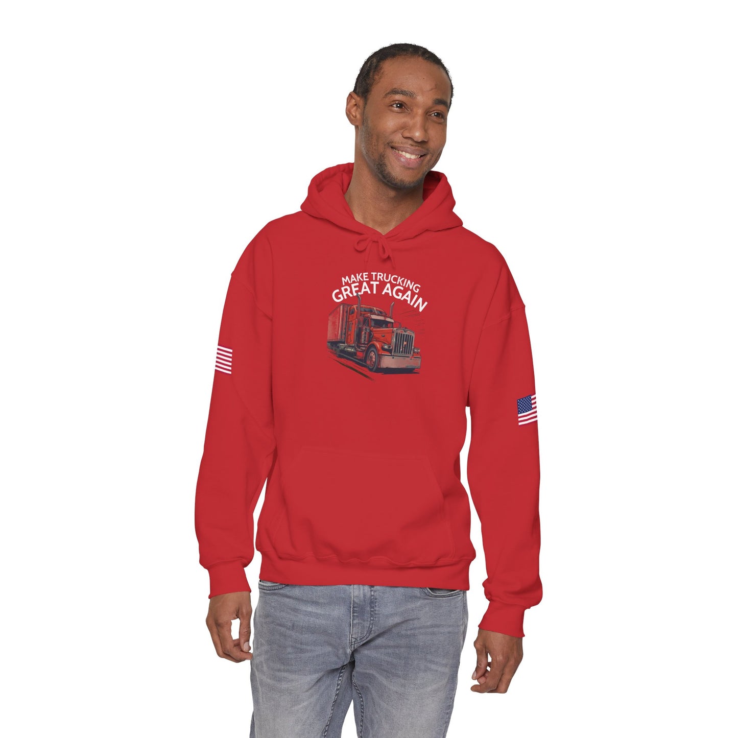 Make Trucking Great Again Hoodie — American Flag Sleeves, Trucker Semi Truck Sweatshirt