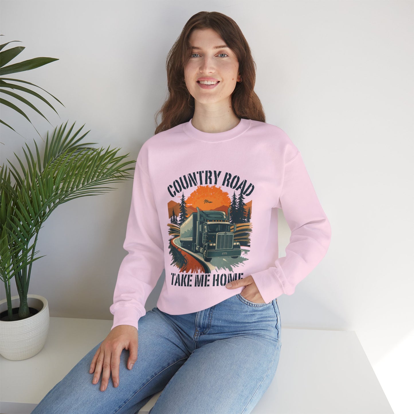 Crewneck Sweatshirt — "Country Road Take Me Home" Trucking Sunset Graphic