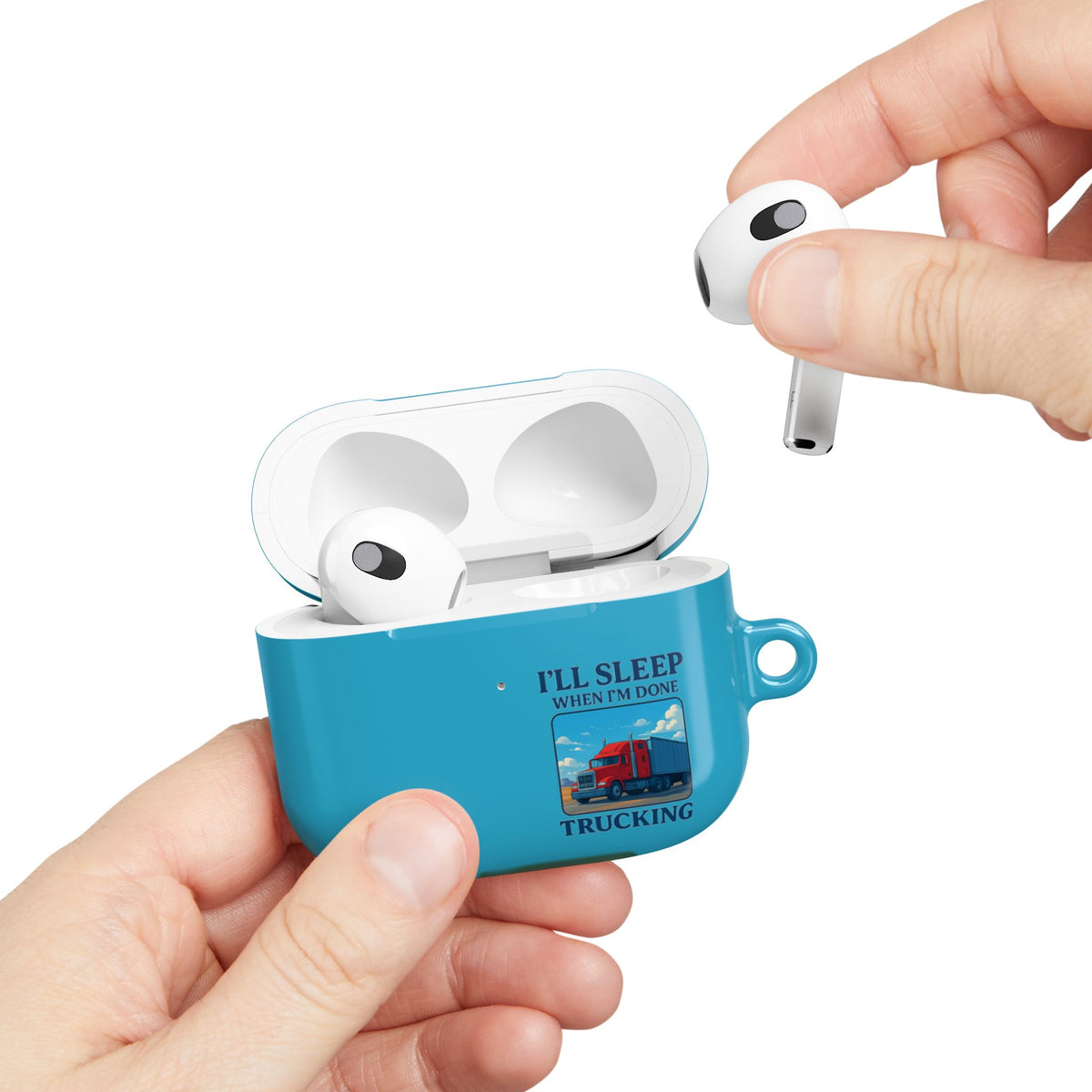 White glossy AirPod case featuring a truck driver design with the phrase "I'll Sleep When I'm Done," by Printify.
