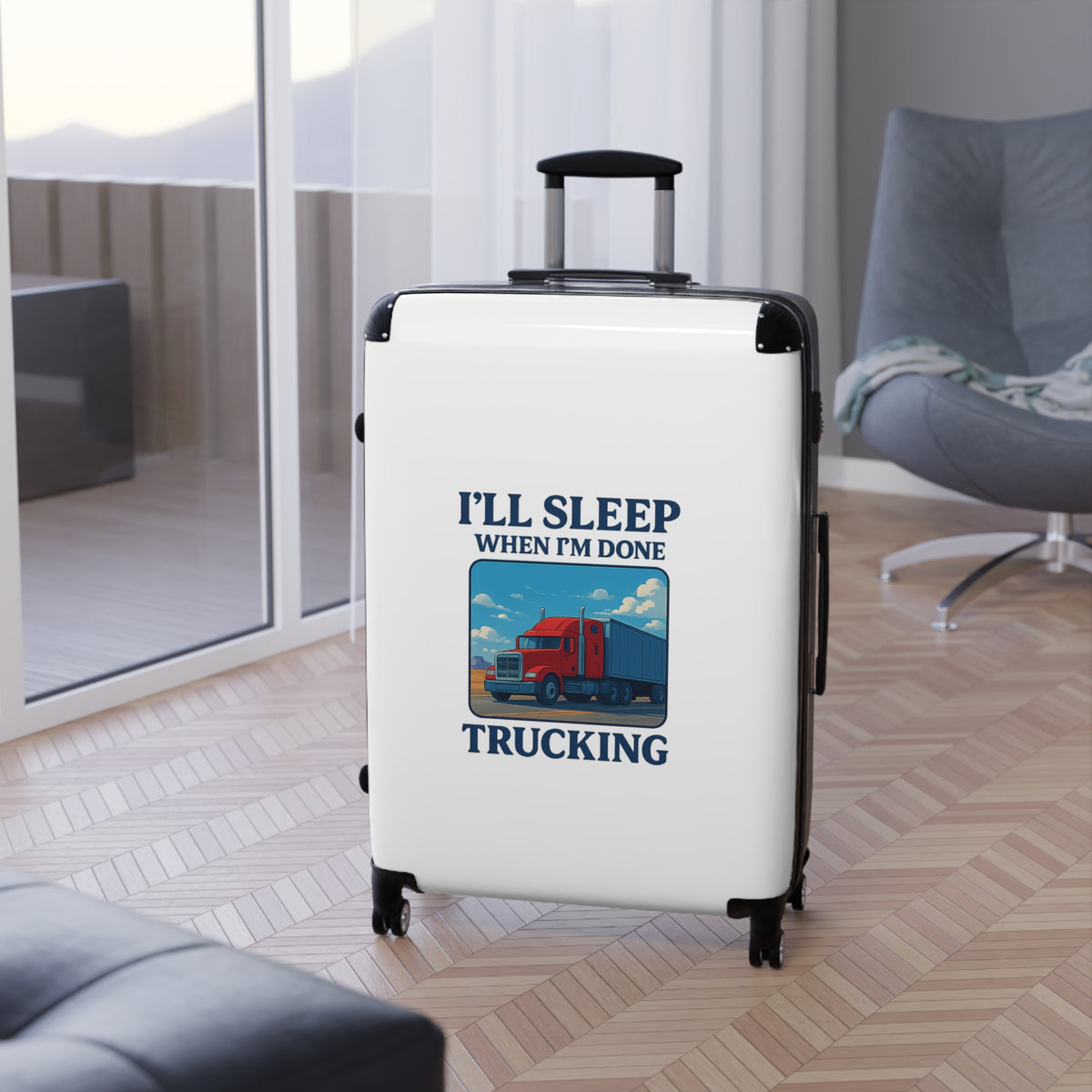 Small black truck driver suitcase by Printify with "I'll Sleep When I'm Done" travel luggage design, suitable for travel and storage.