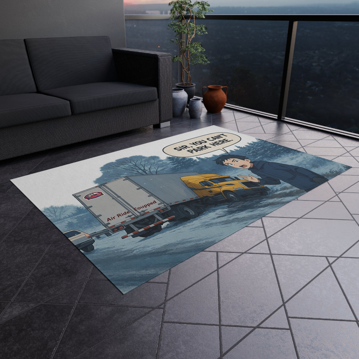 Whimsical outdoor rug with "Sir, You Can't Park Here" design, Printify home decor, 24x36 inches, colorful and playful outdoor mat