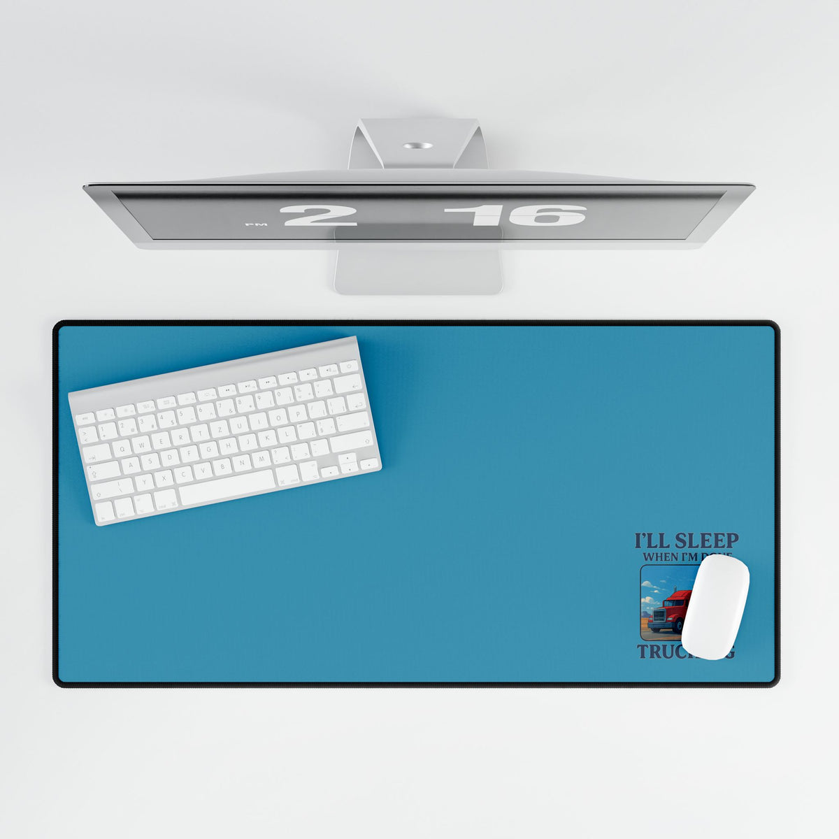Printify truck driver desk mat featuring "I Will Sleep When I'm Done Trucking" phrase, perfect for home office decor.