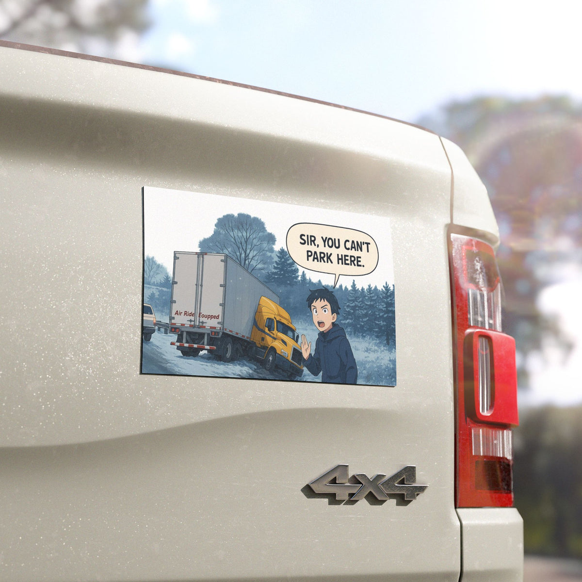 Funny car magnet with "Sir, You Can't Park Here" message, humorous auto decor for vehicle or home use.
