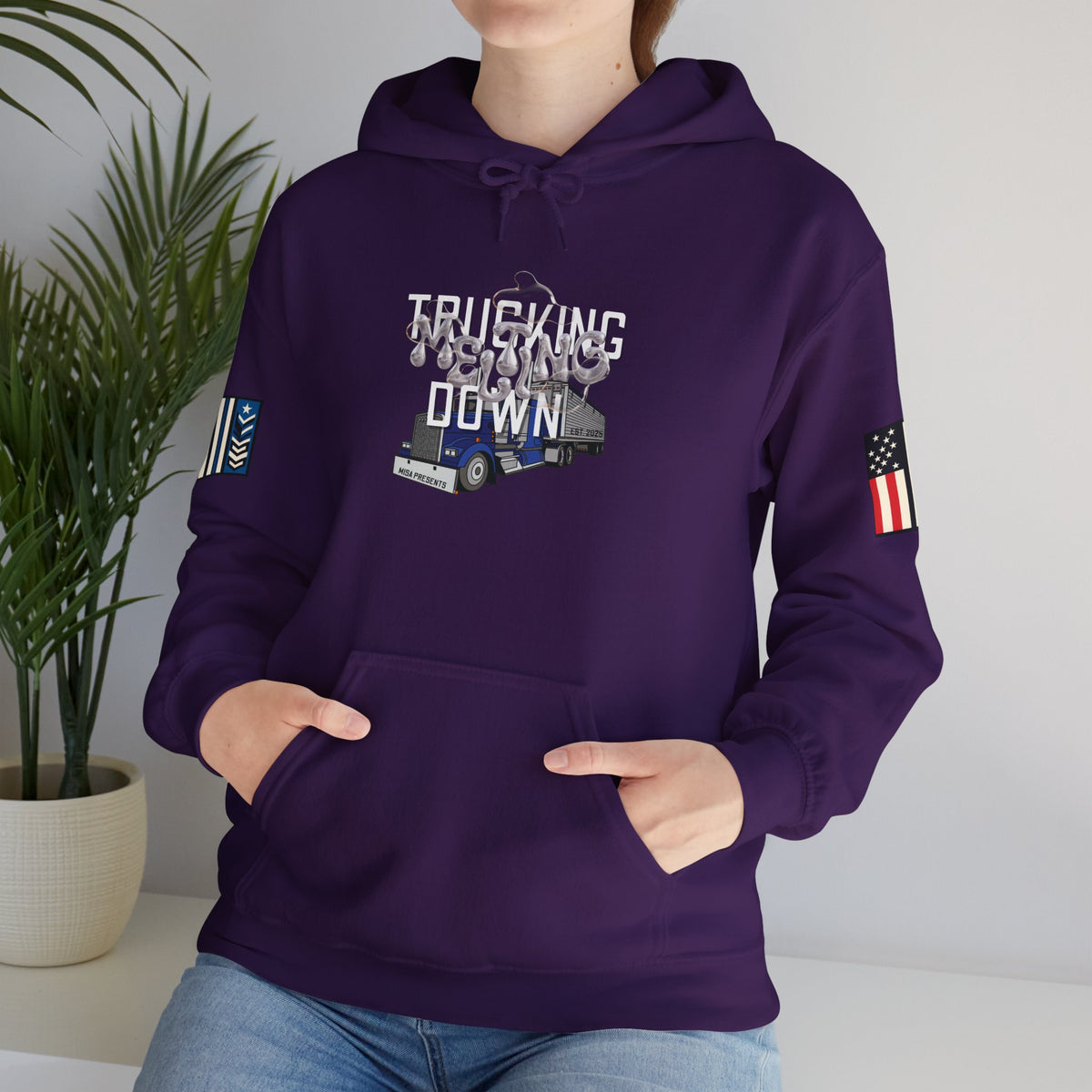 Dark heather trucking meltdown hoodie for truckers and freight brokers by Printify, featuring bold trucking-themed graphic.