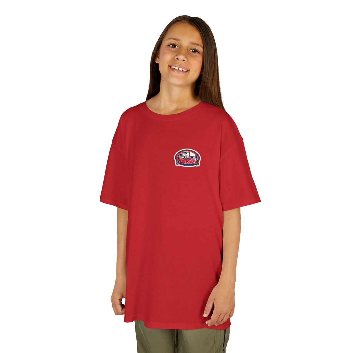 Red kids heavy cotton tee with humorous truck parking print, perfect for young adventurers, by Printify.