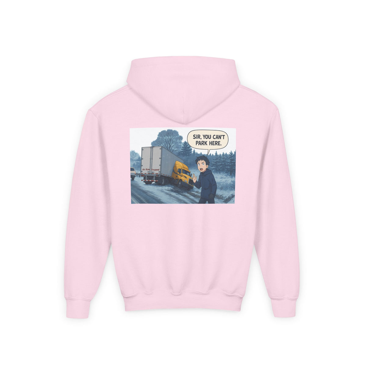 Kids' funny hoodie by Printify featuring a truck graphic, made for kids and teens, in vibrant Carolina blue.