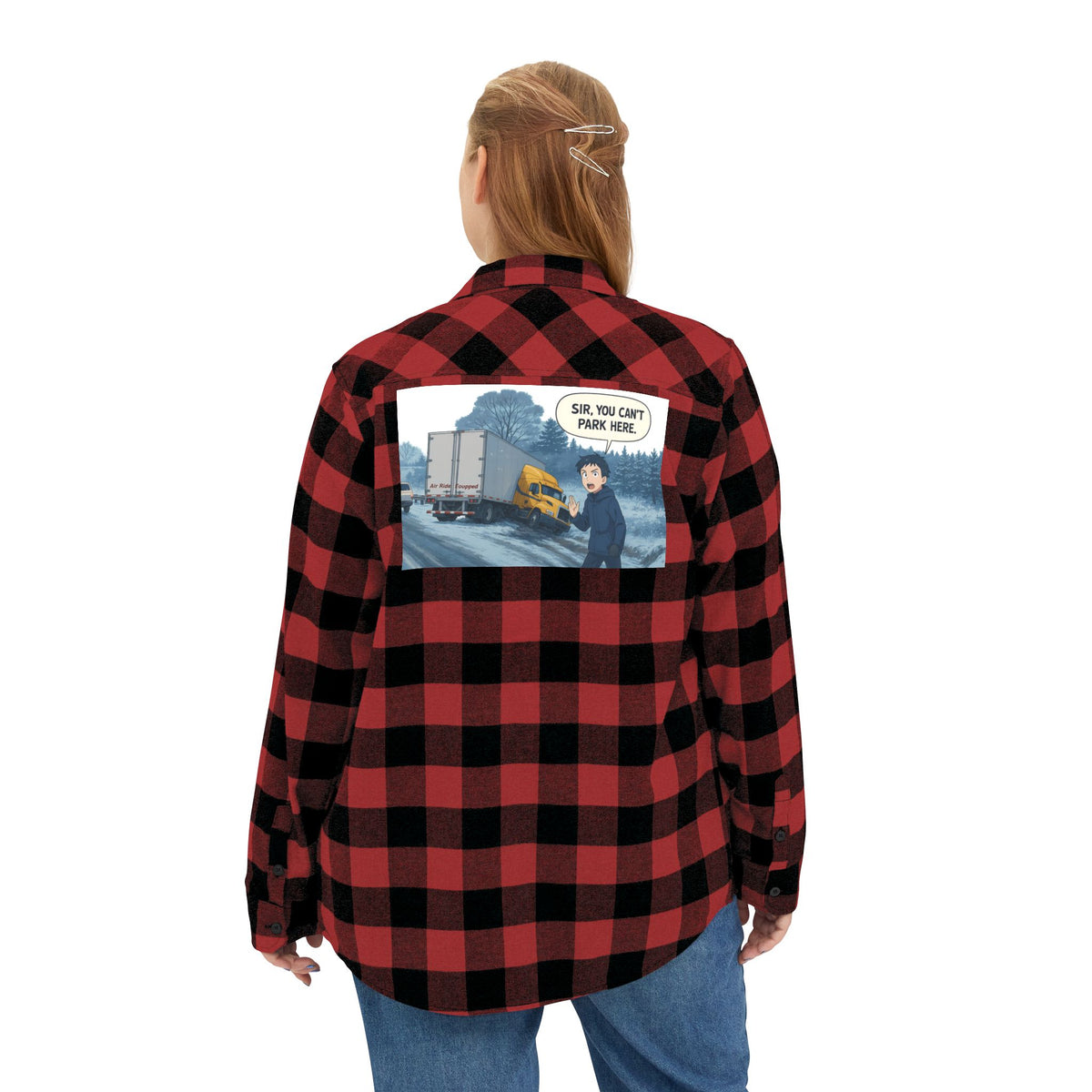 Unisex charcoal heather long-sleeve flannel shirt with humorous "Sir, You Can't Park Here" print by Printify