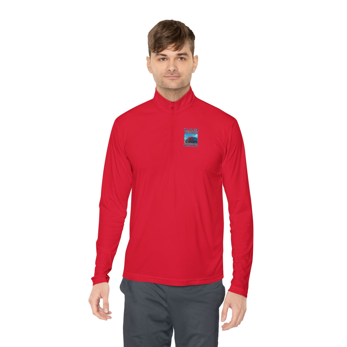 Unisex red long-sleeve quarter-zip pullover with printed slogan "I'll Sleep When I'm Trekking" by Printify.