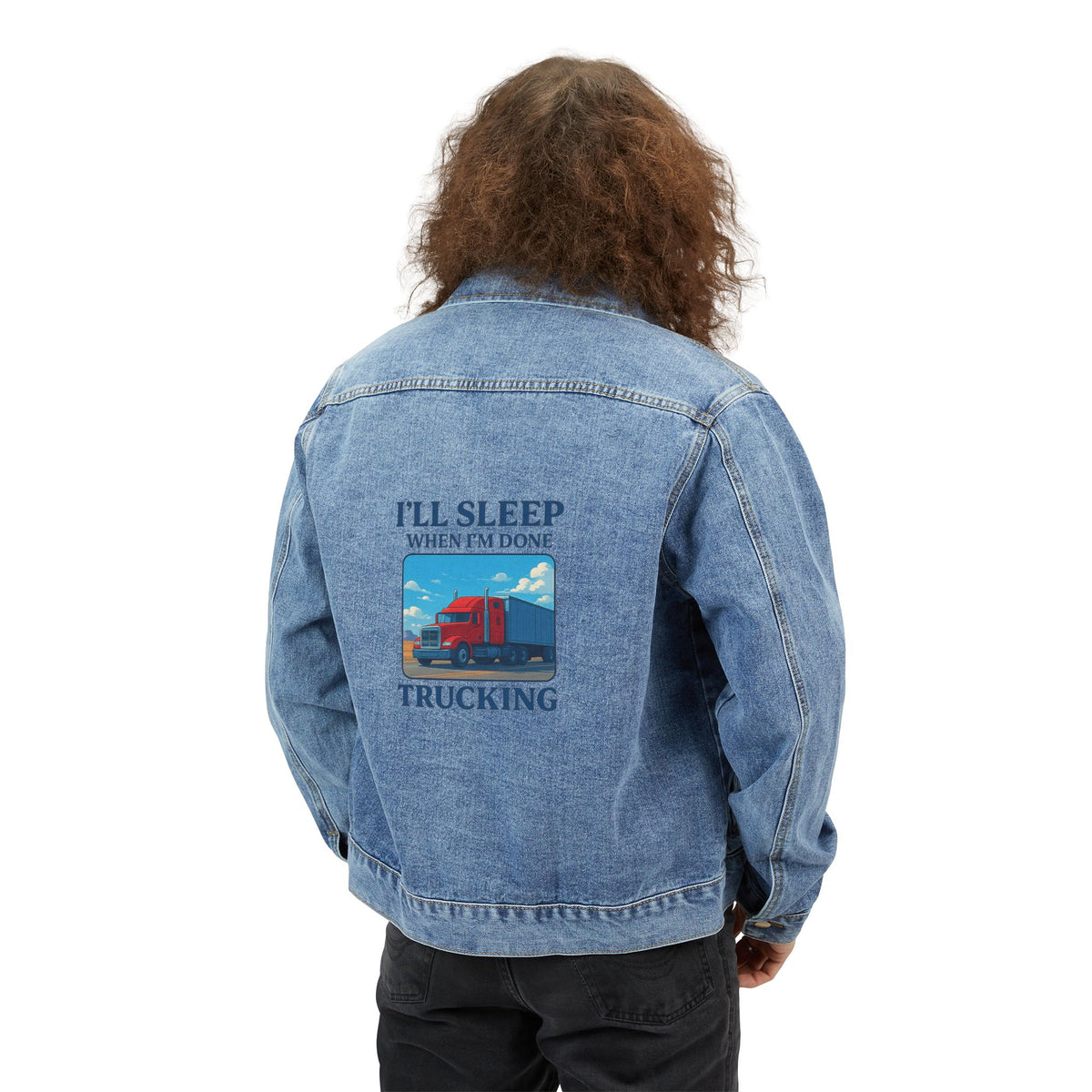 Men's denim jacket from Printify with "I'll Sleep When I'm Done" print, casual outerwear ideal for truckers in medium wash denim.