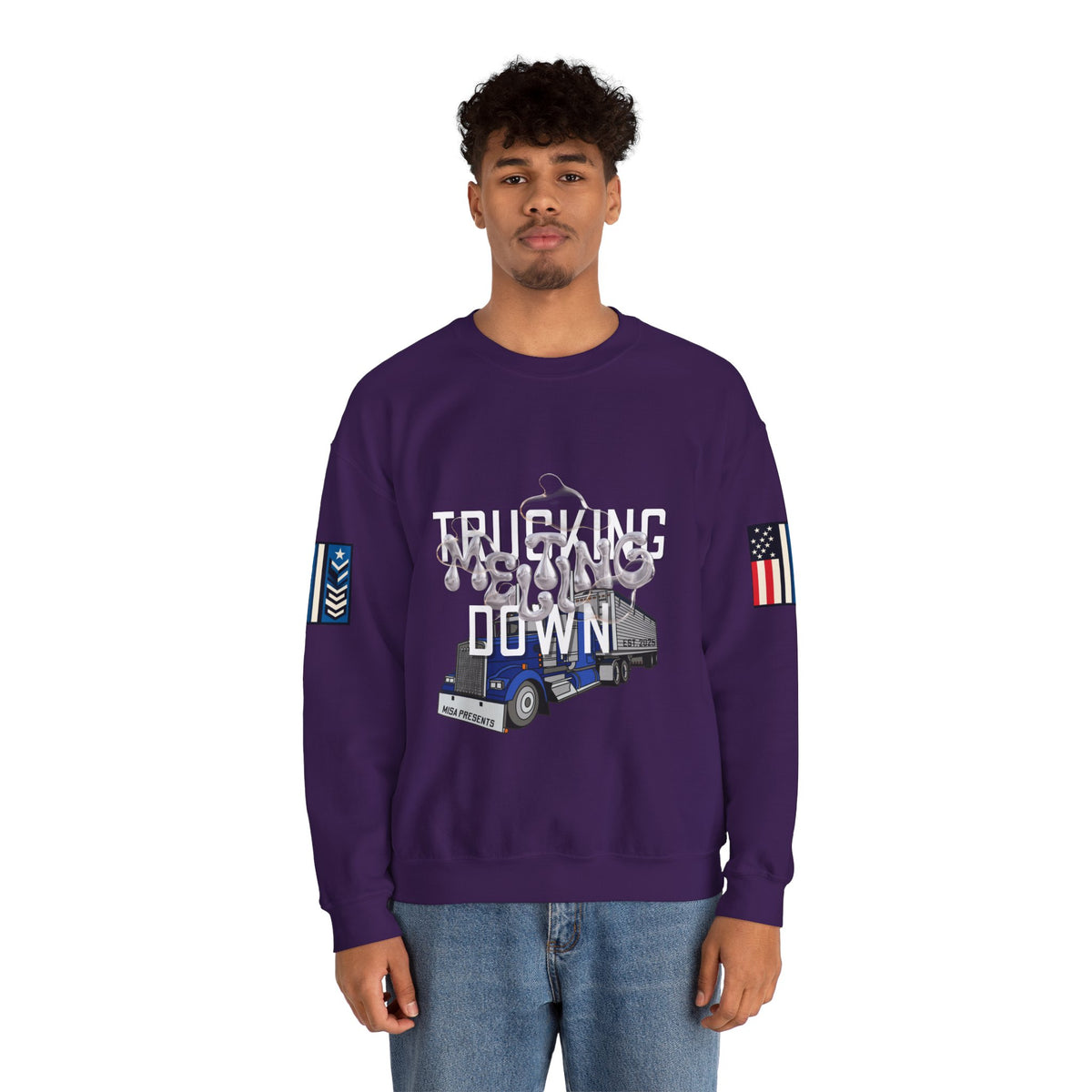 Charcoal Trucking Meltdown Sweatshirt by Printify featuring bold trucking-themed graphic on soft, comfortable fabric.