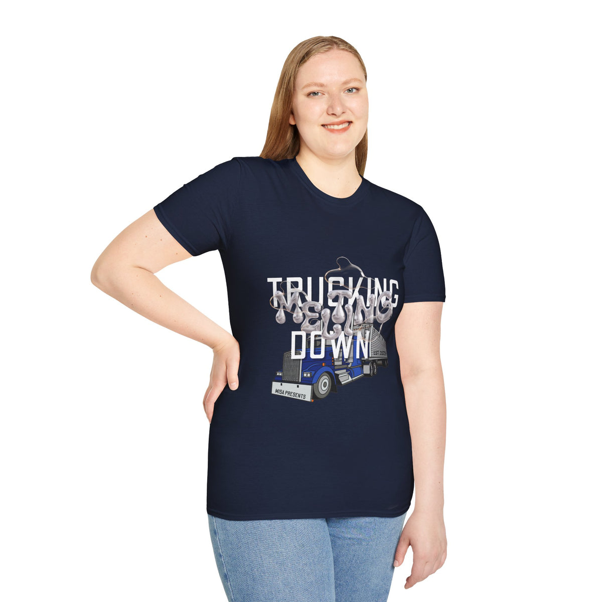 Dark heather trucking collection T-shirt by Printify featuring bold text celebrating the worst market in a decade.