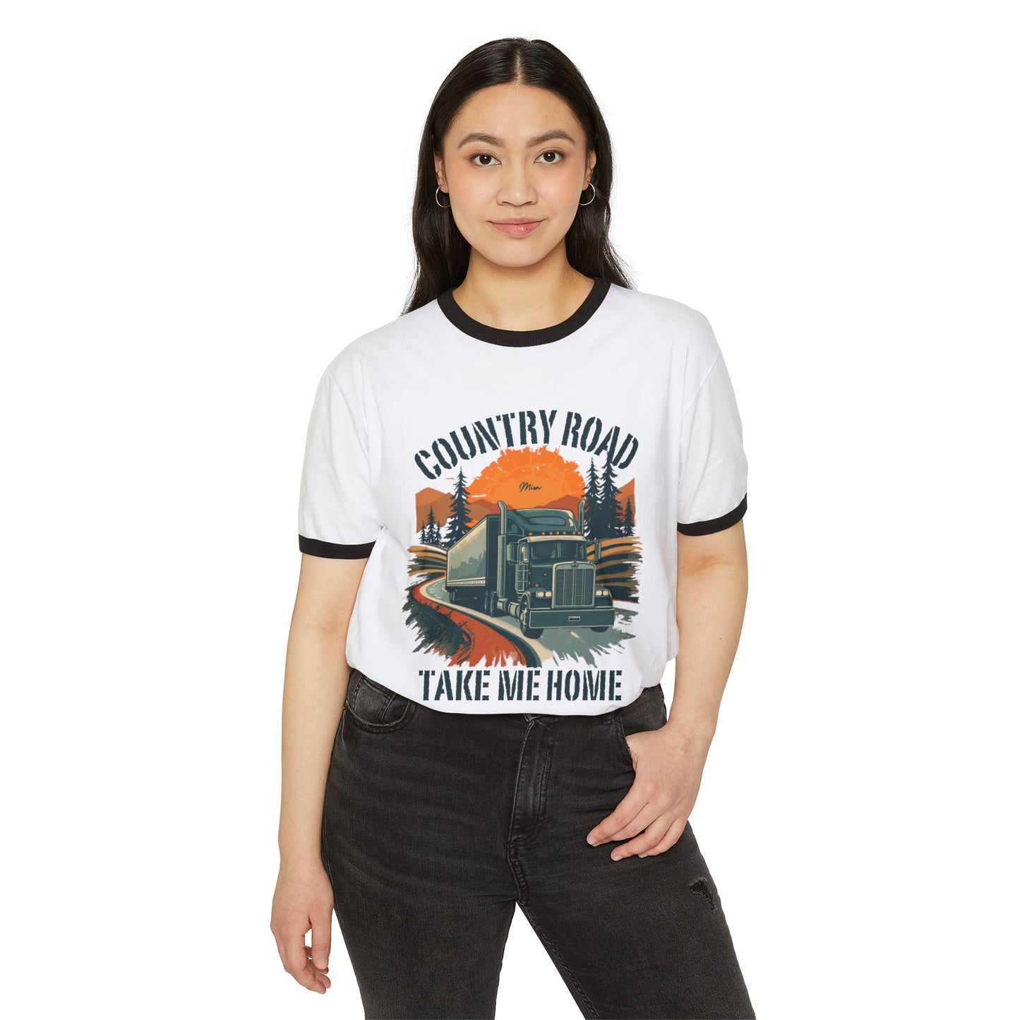 Country Road Trucker Ringer Tee — 'Country Road Take Me Home' Vintage Semi Truck T-Shirt