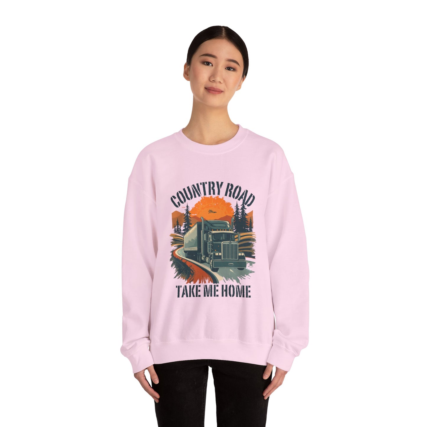 Crewneck Sweatshirt — "Country Road Take Me Home" Trucking Sunset Graphic