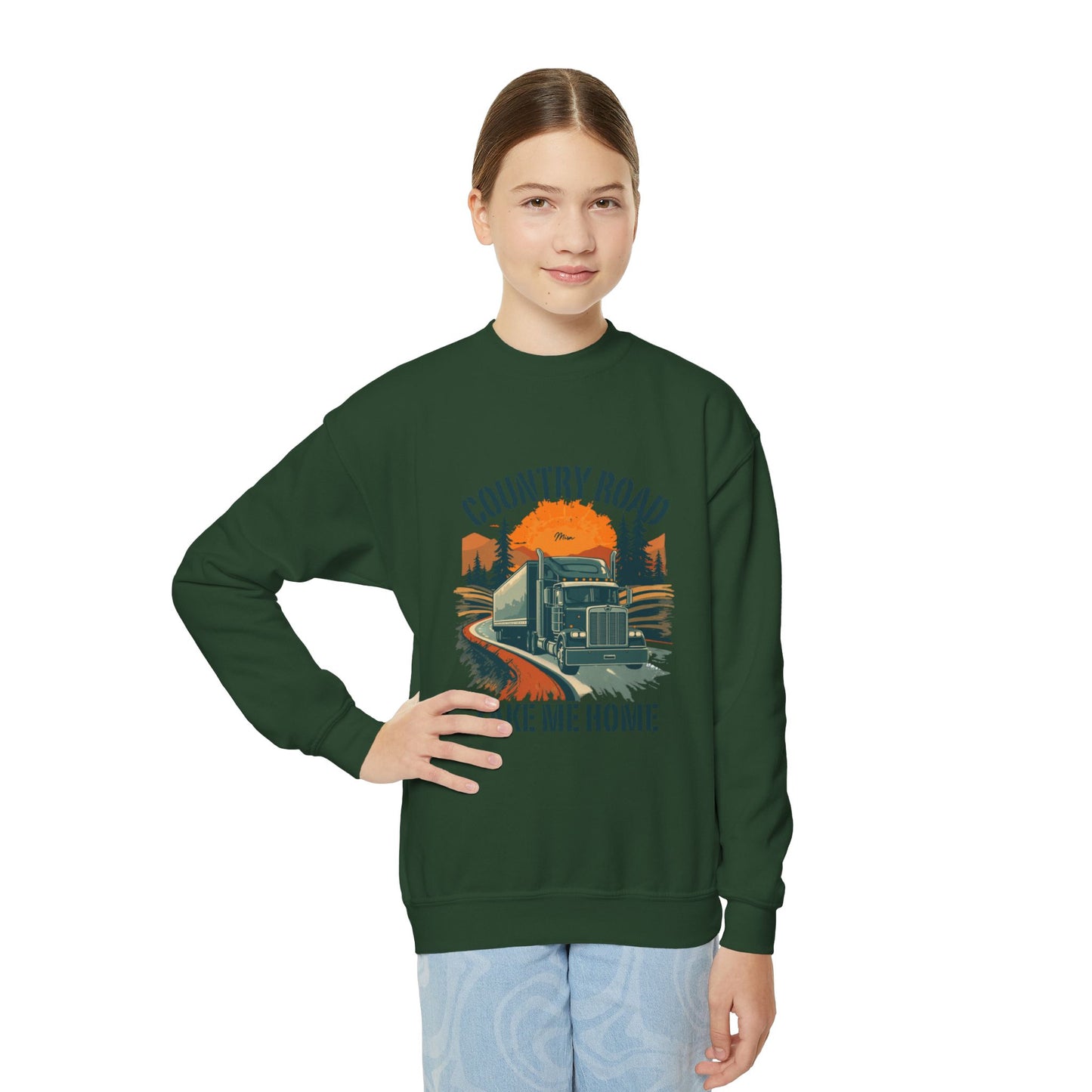 Youth Crewneck Sweatshirt — Retro 'Country Road Take Me Home' Truck Graphic