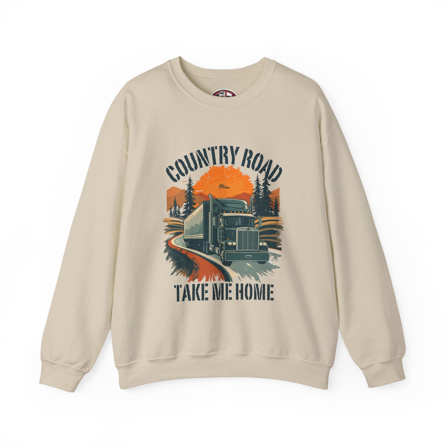 Crewneck Sweatshirt — "Country Road Take Me Home" Trucking Sunset Graphic