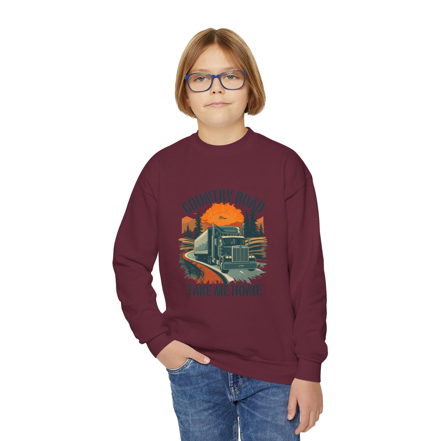 Youth Crewneck Sweatshirt — Retro 'Country Road Take Me Home' Truck Graphic