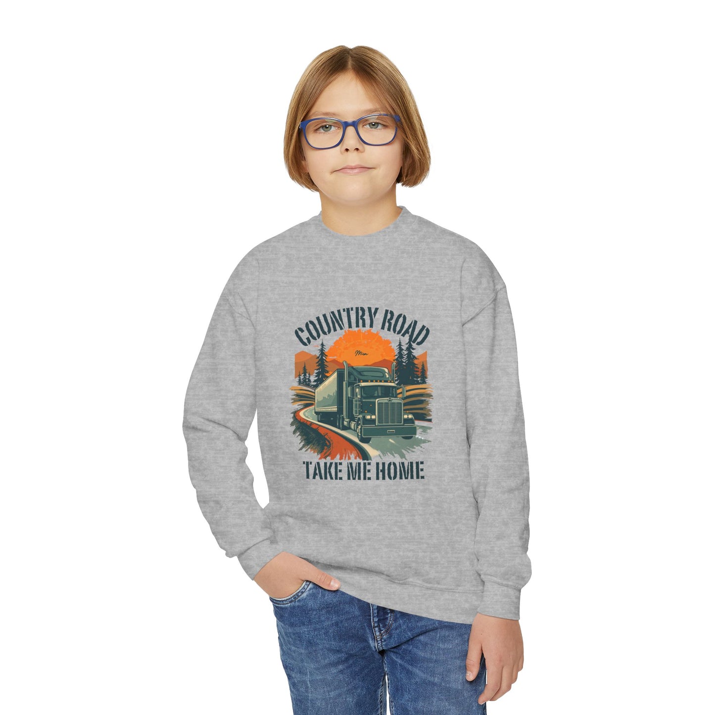Youth Crewneck Sweatshirt — Retro 'Country Road Take Me Home' Truck Graphic