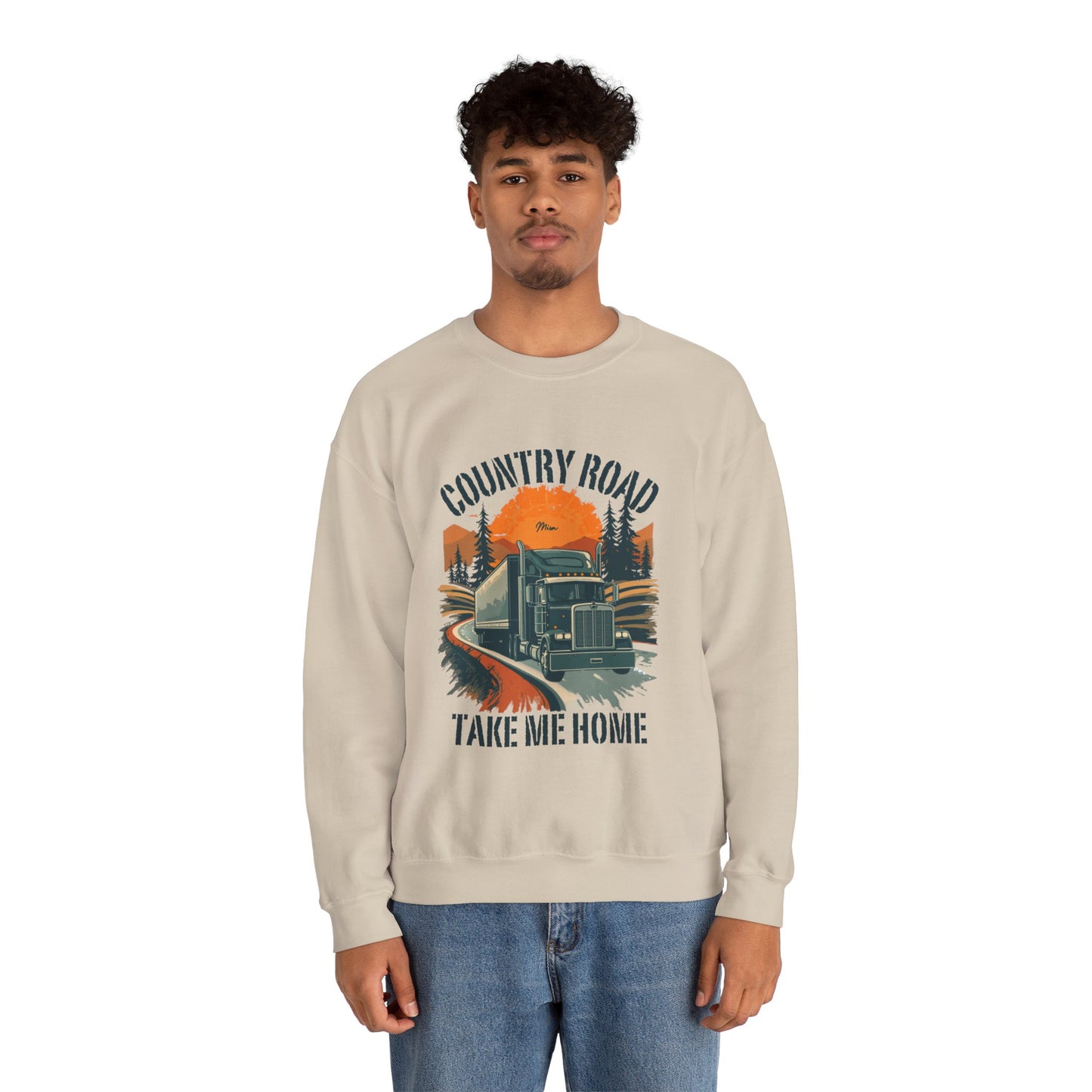 Crewneck Sweatshirt — "Country Road Take Me Home" Trucking Sunset Graphic
