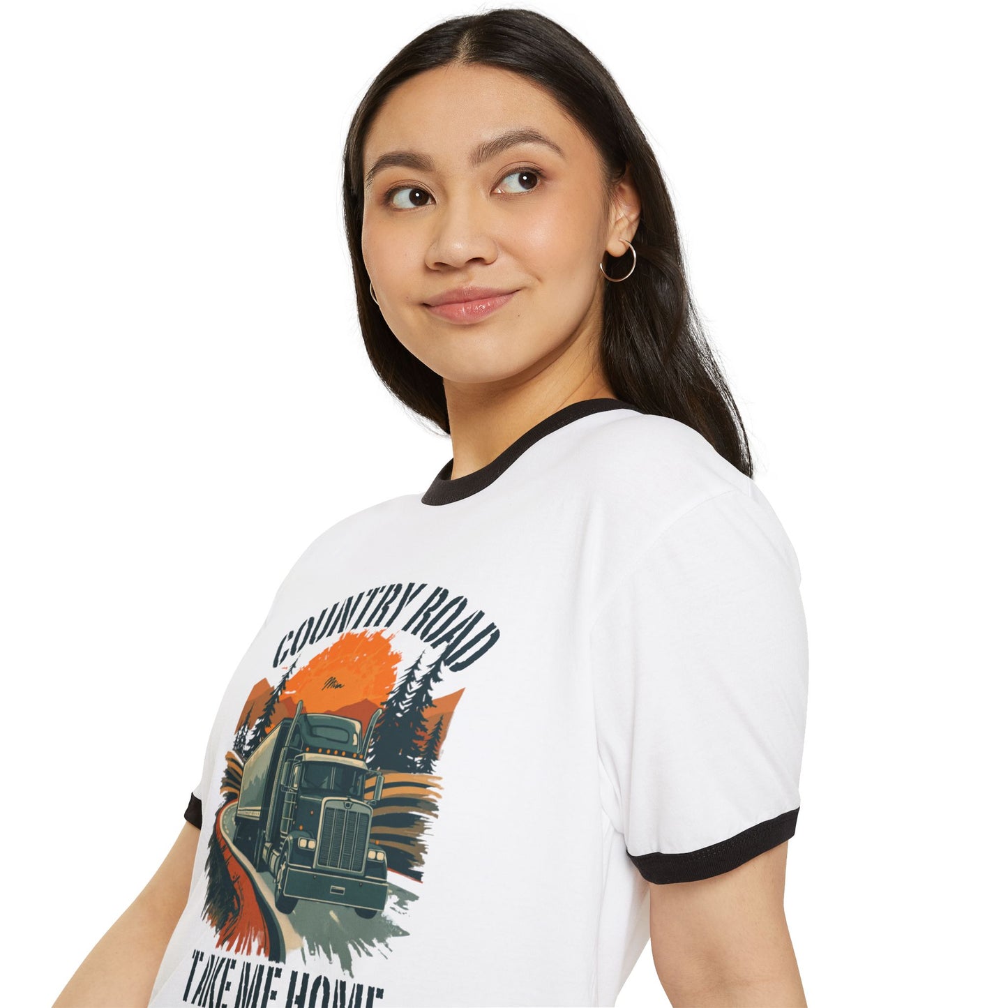 Country Road Trucker Ringer Tee — 'Country Road Take Me Home' Vintage Semi Truck T-Shirt