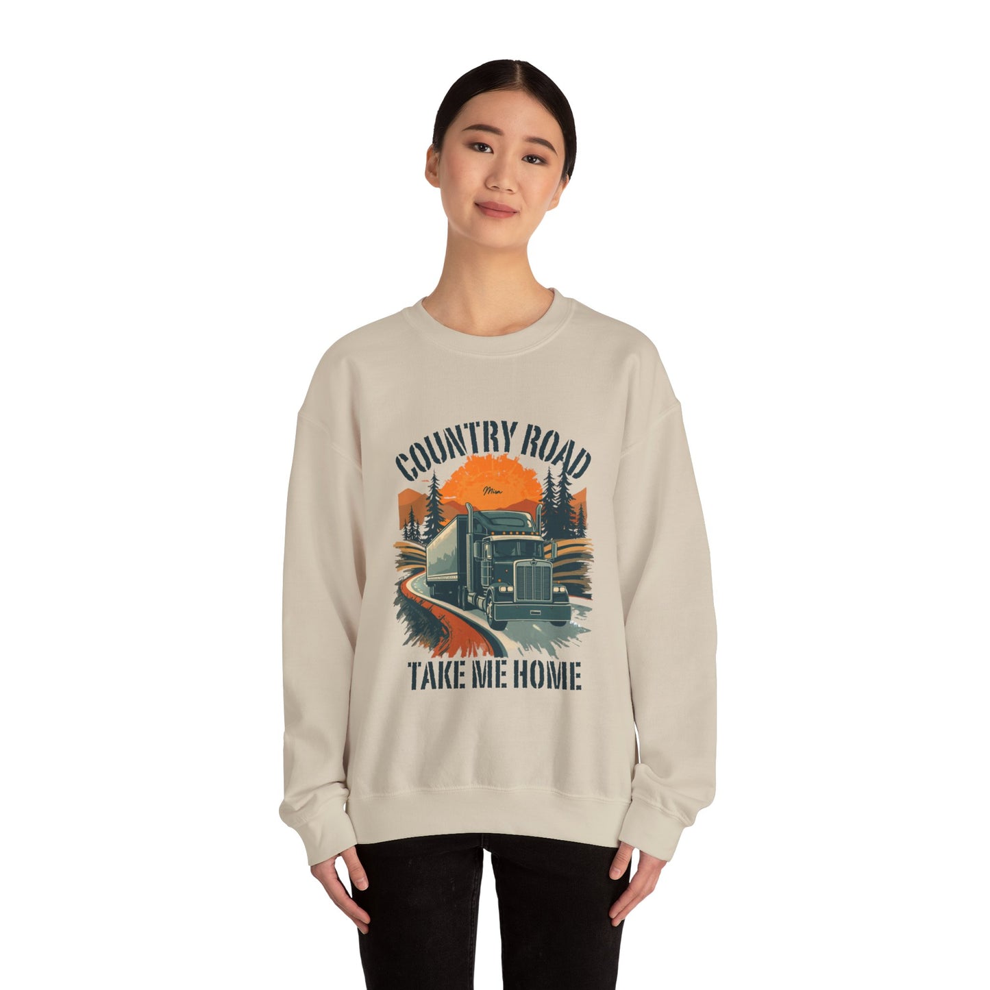 Crewneck Sweatshirt — "Country Road Take Me Home" Trucking Sunset Graphic