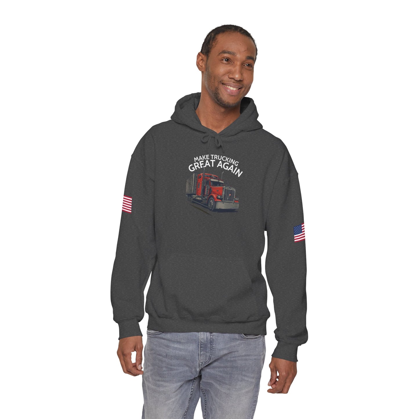 Make Trucking Great Again Hoodie — American Flag Sleeves, Trucker Semi Truck Sweatshirt