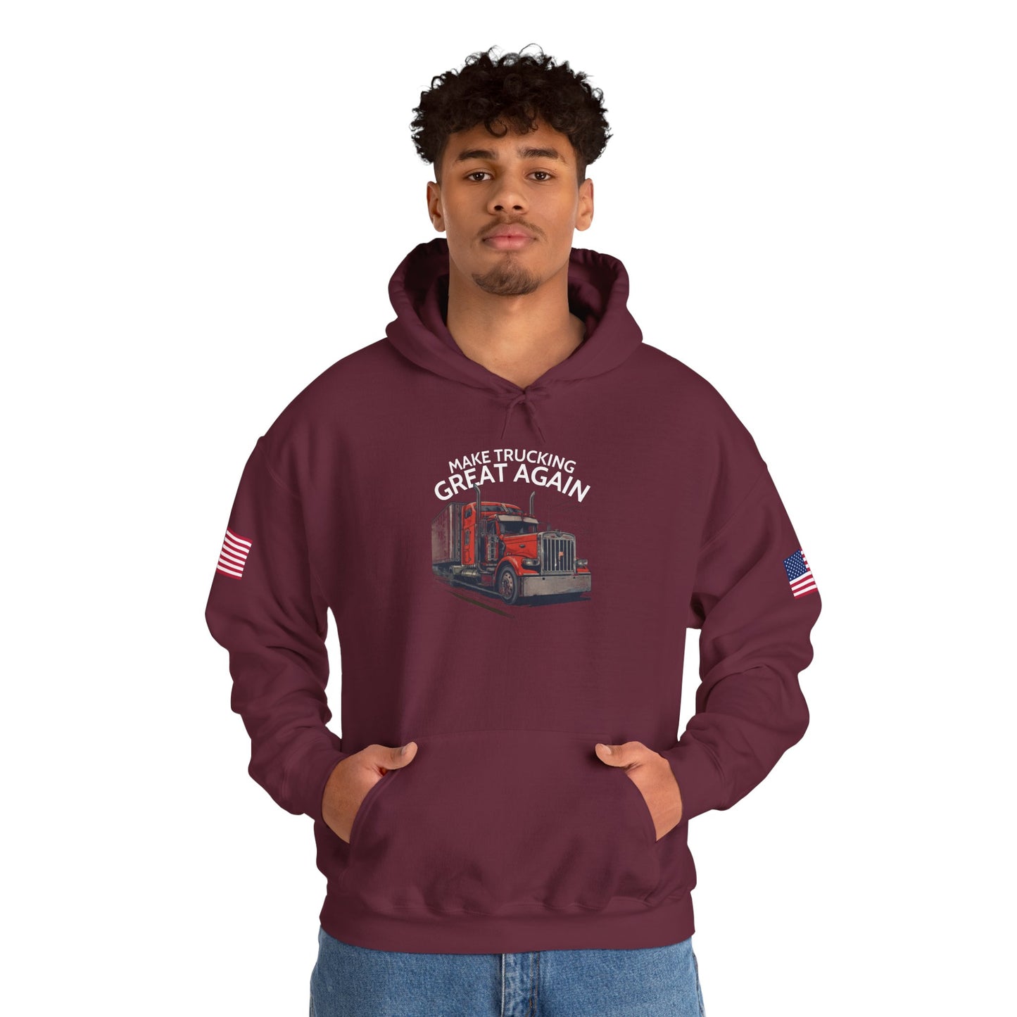 Make Trucking Great Again Hoodie — American Flag Sleeves, Trucker Semi Truck Sweatshirt