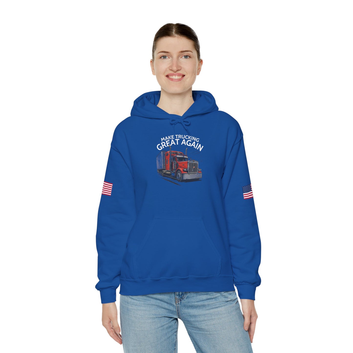 Make Trucking Great Again Hoodie — American Flag Sleeves, Trucker Semi Truck Sweatshirt