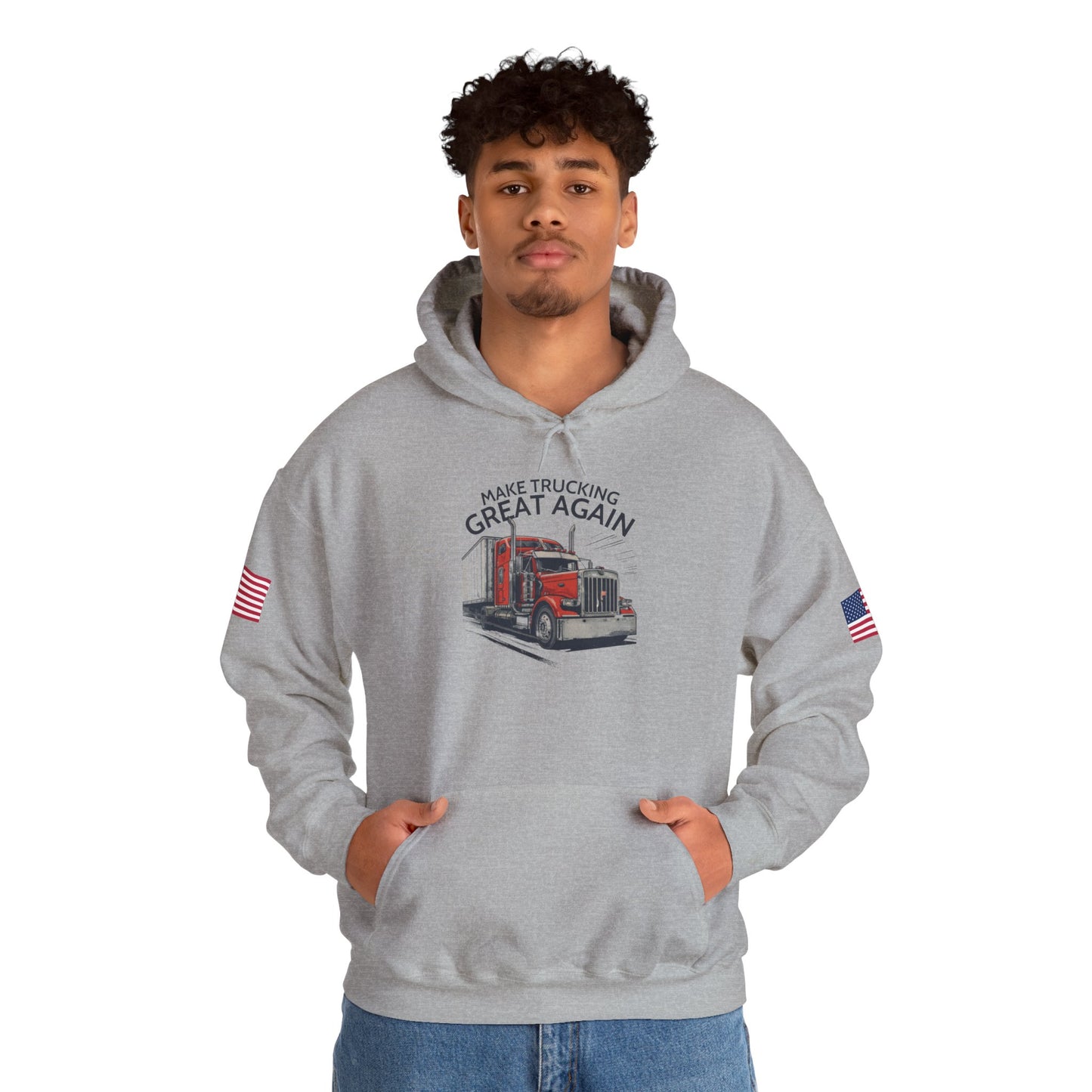 Trucker Hoodie - "Make Trucking Great Again" American Flag Sleeves
