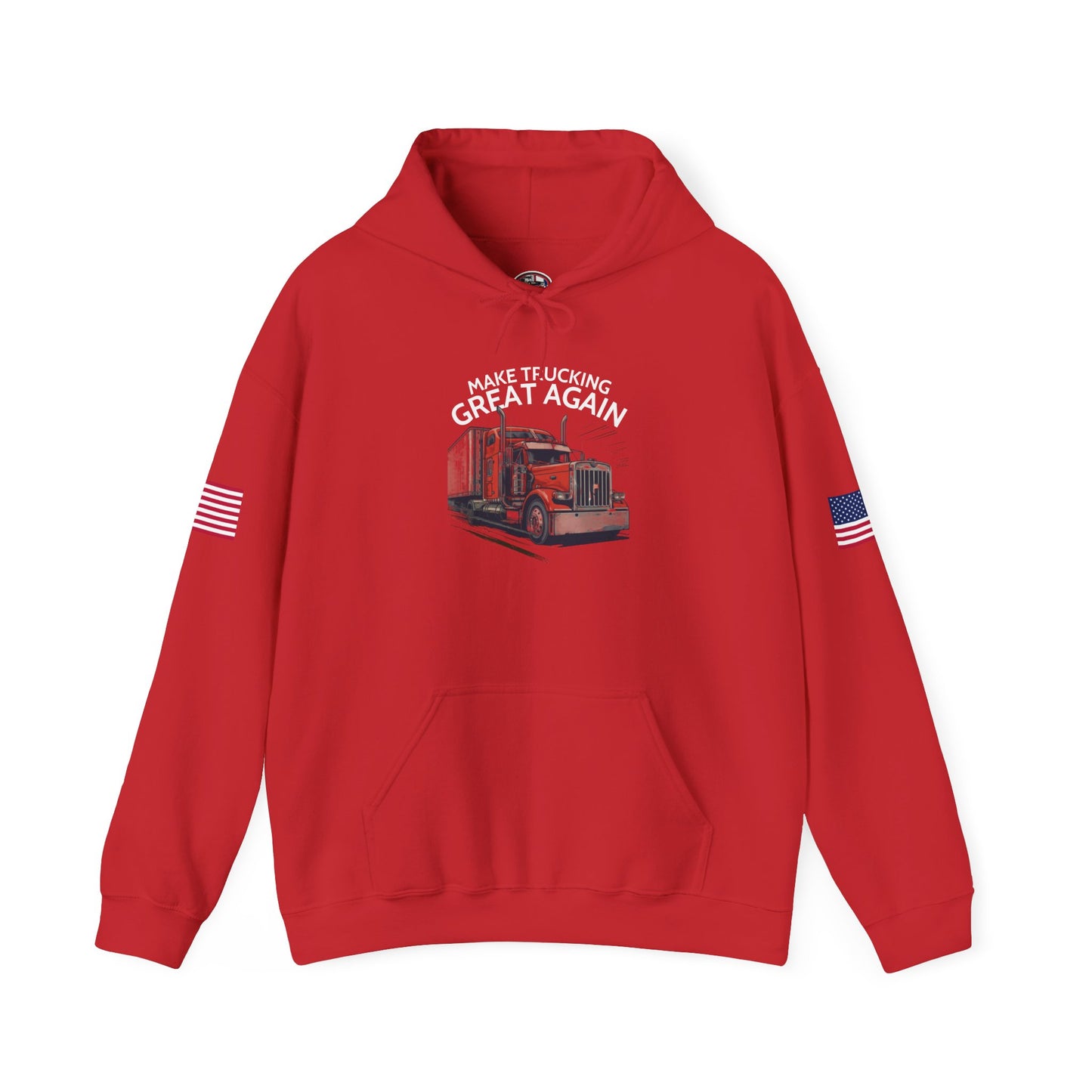 Make Trucking Great Again Hoodie — American Flag Sleeves, Trucker Semi Truck Sweatshirt