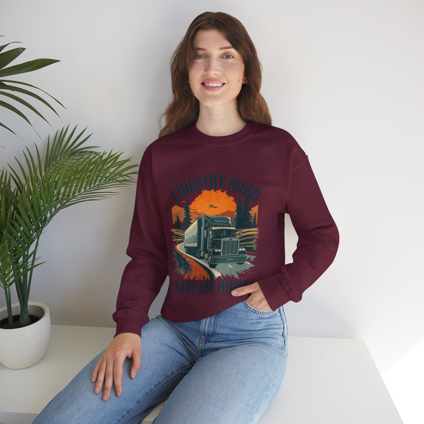 Crewneck Sweatshirt — "Country Road Take Me Home" Trucking Sunset Graphic