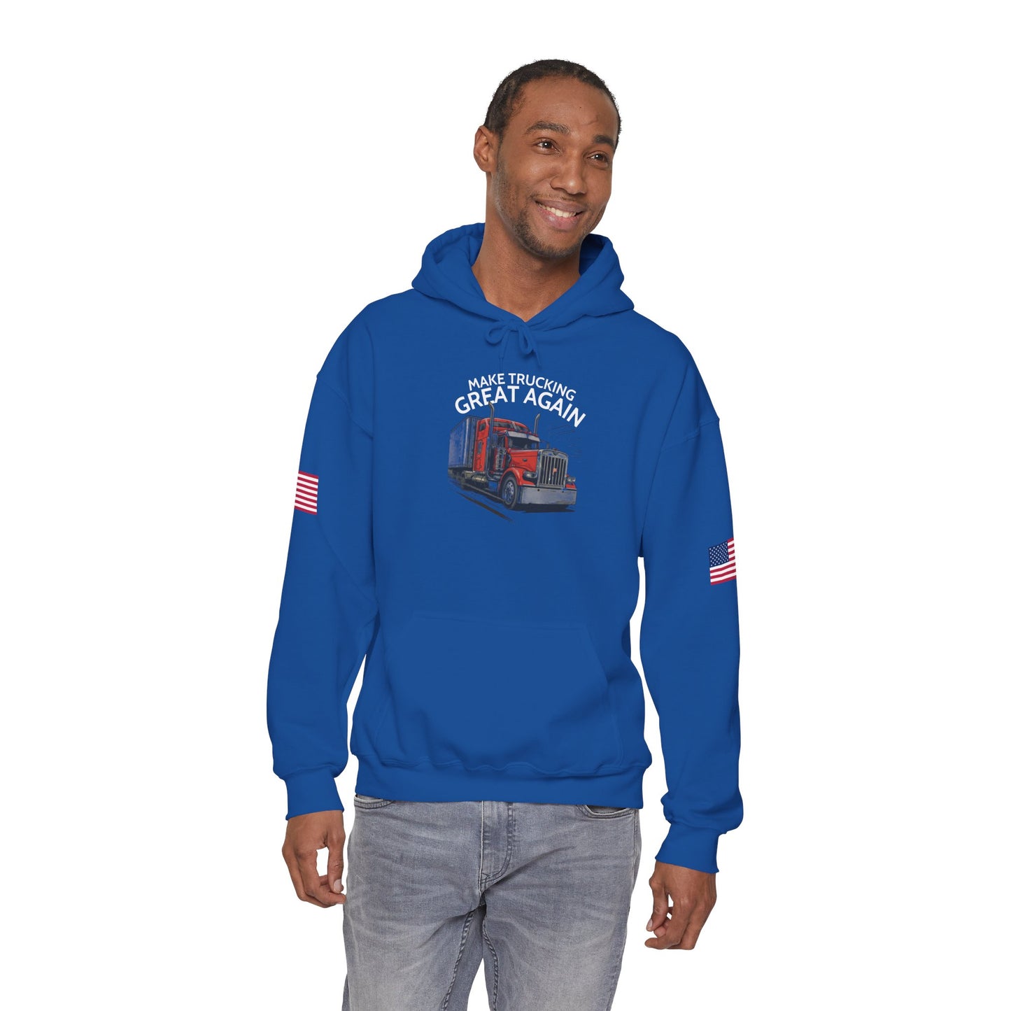 Make Trucking Great Again Hoodie — American Flag Sleeves, Trucker Semi Truck Sweatshirt