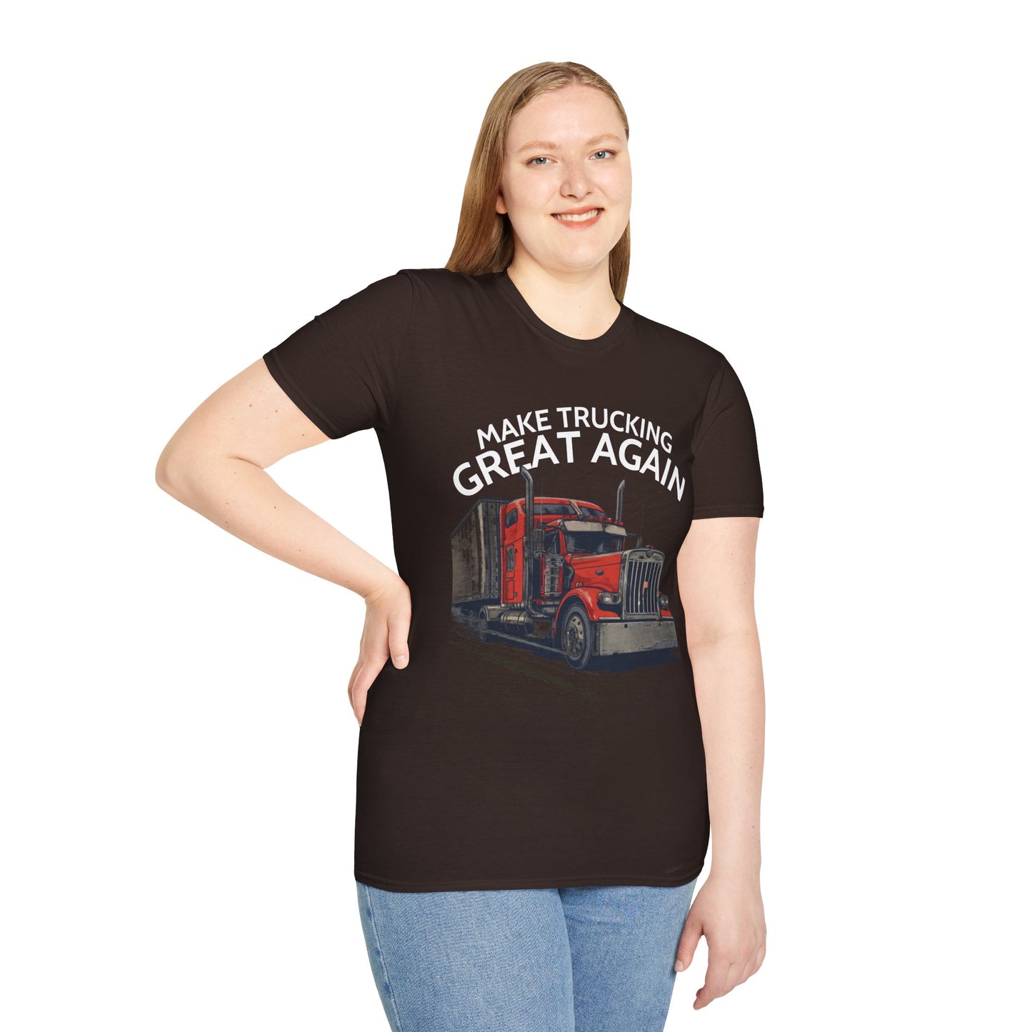 Make Trucking Great Again T-Shirt — Vintage Red Semi Truck Graphic Tee