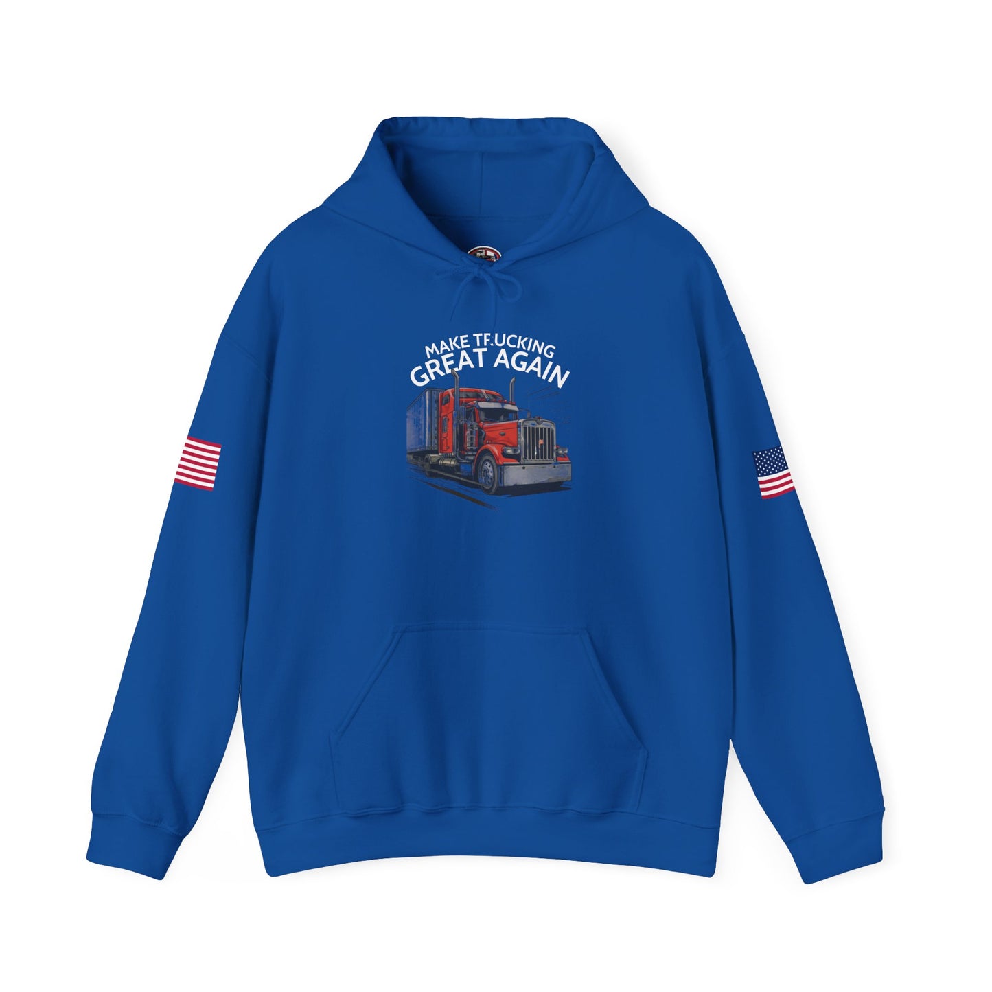 Make Trucking Great Again Hoodie — American Flag Sleeves, Trucker Semi Truck Sweatshirt