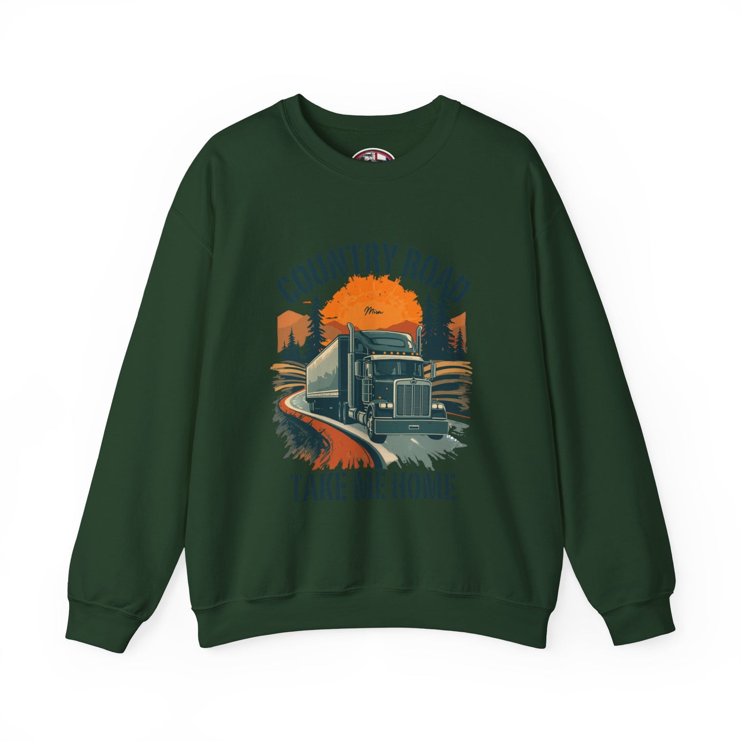 Crewneck Sweatshirt — "Country Road Take Me Home" Trucking Sunset Graphic