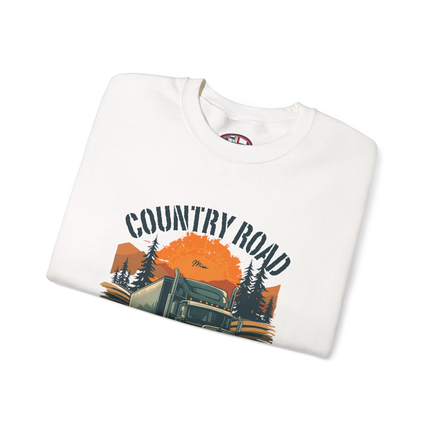 Crewneck Sweatshirt — "Country Road Take Me Home" Trucking Sunset Graphic
