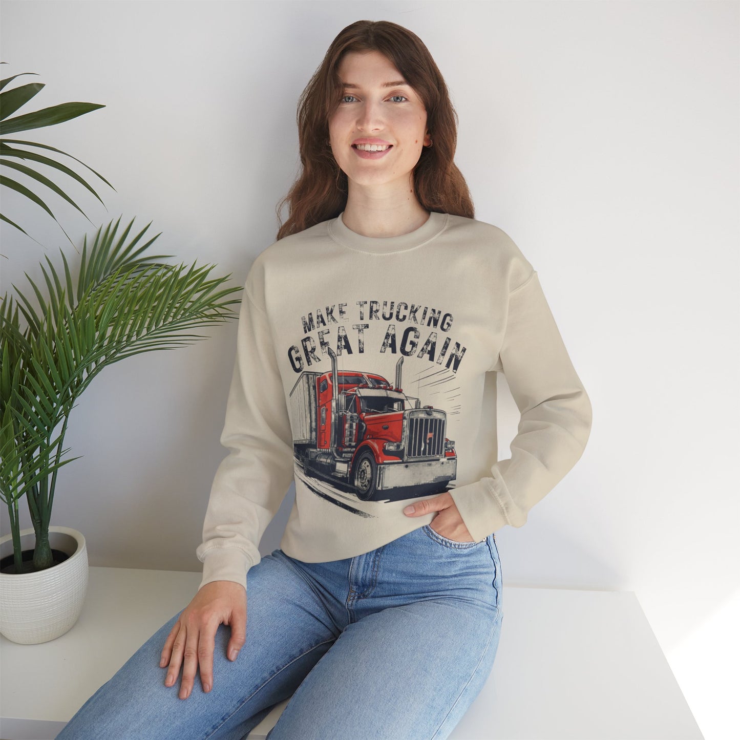 Trucker Crewneck Sweatshirt — “Make Trucking Great Again” Vintage Semi Truck Design