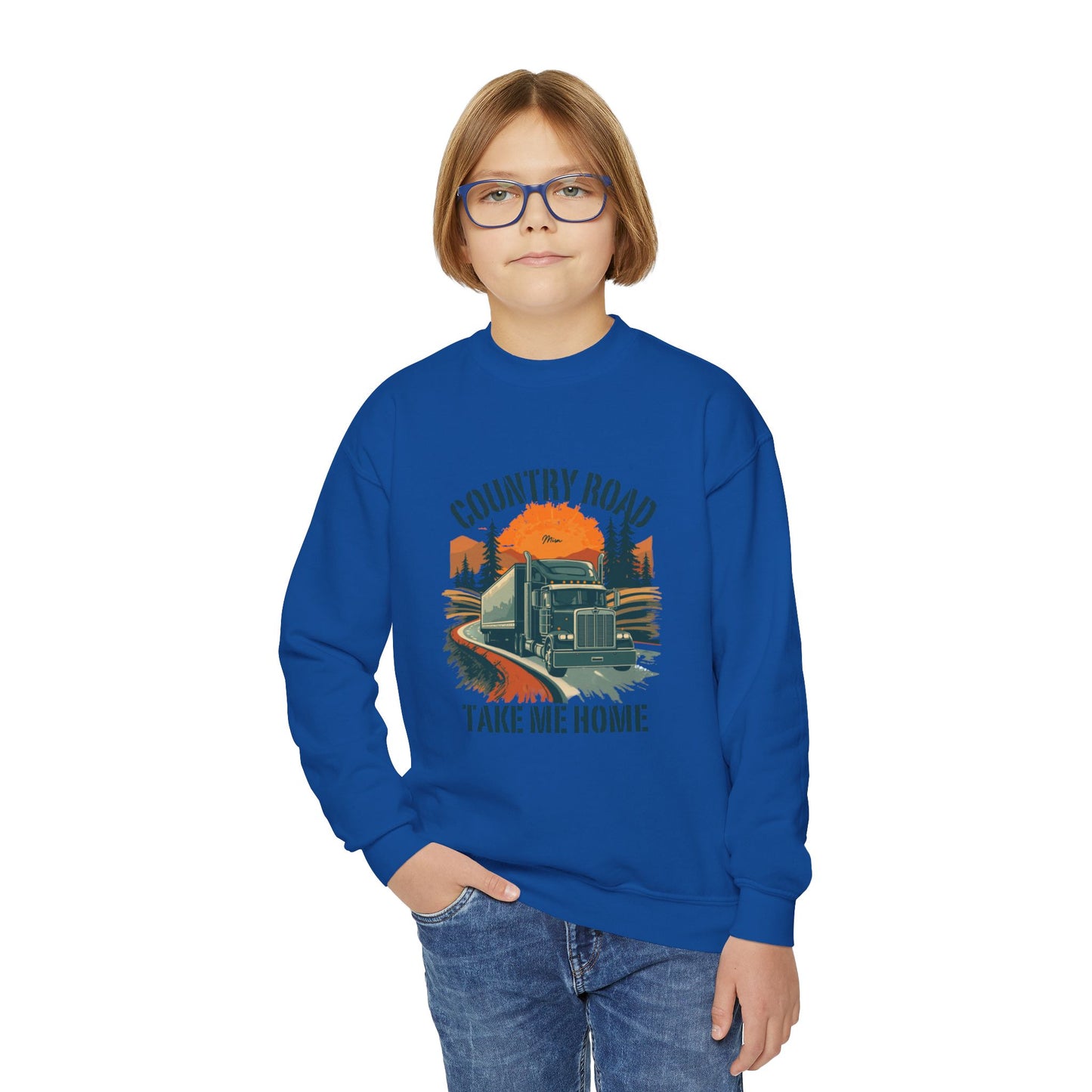 Youth Crewneck Sweatshirt — Retro 'Country Road Take Me Home' Truck Graphic