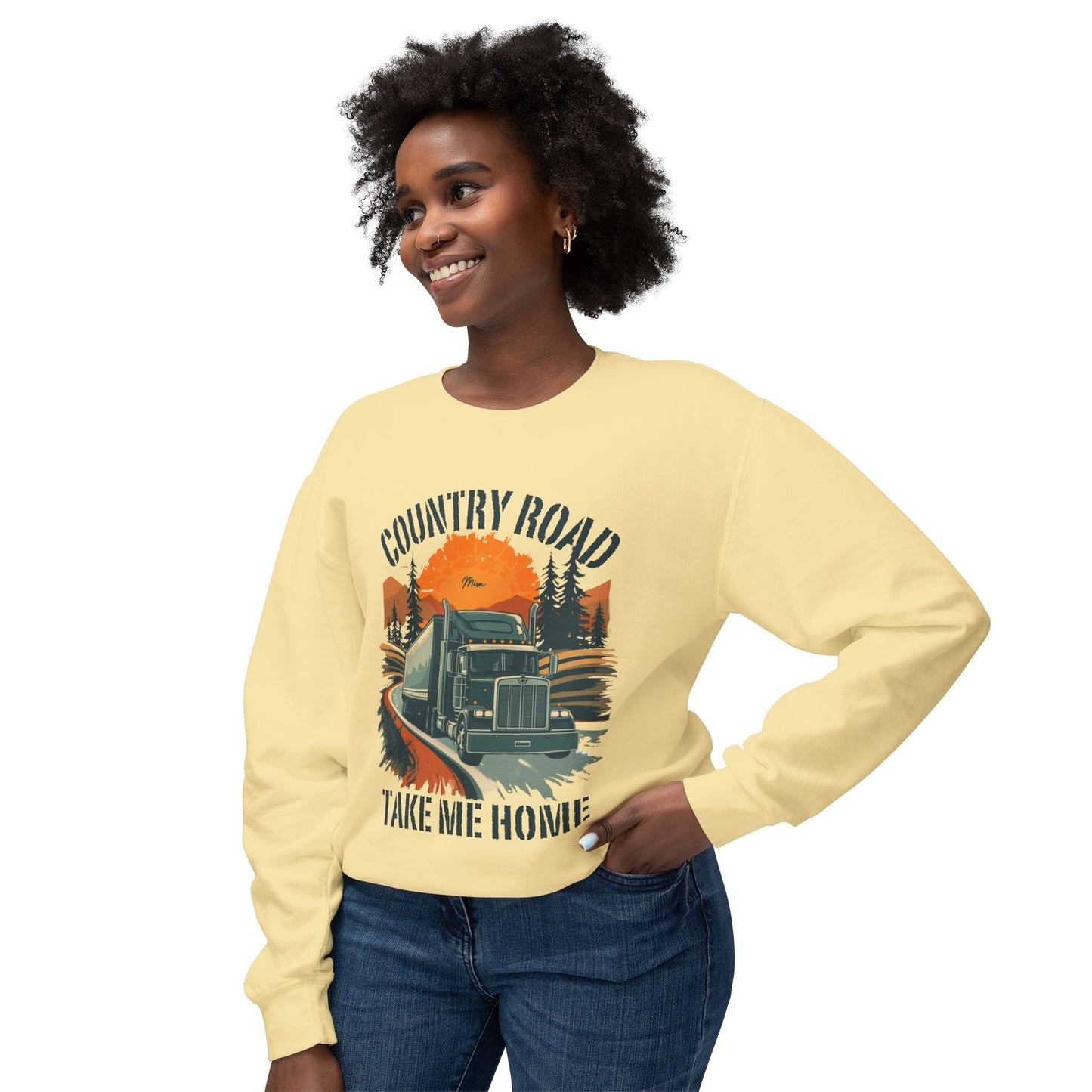 Country Road Truck Sweatshirt — "Country Road Take Me Home" Vintage Semi Truck Crewneck
