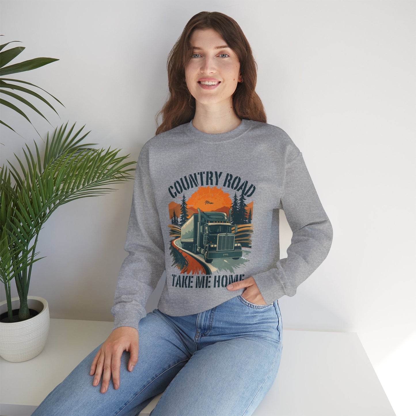 Crewneck Sweatshirt — "Country Road Take Me Home" Trucking Sunset Graphic