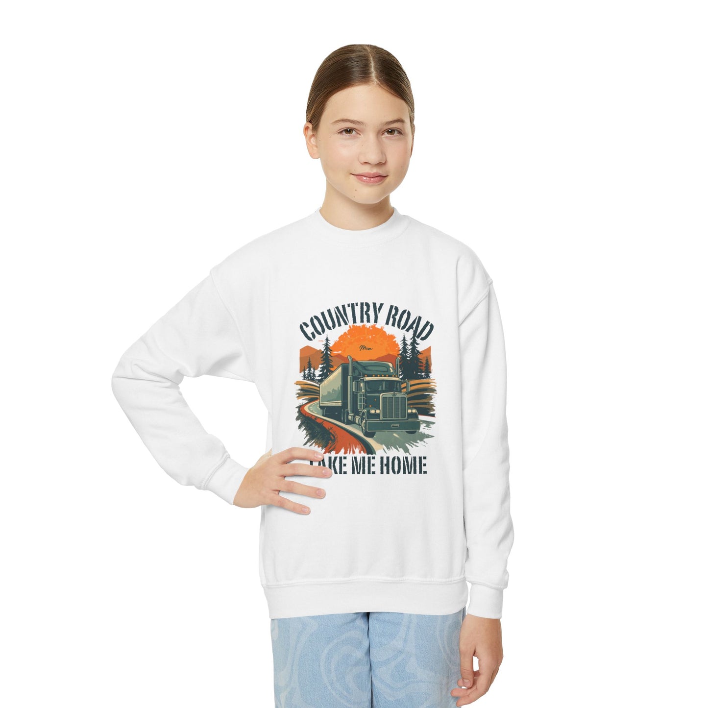 Youth Crewneck Sweatshirt — Retro 'Country Road Take Me Home' Truck Graphic