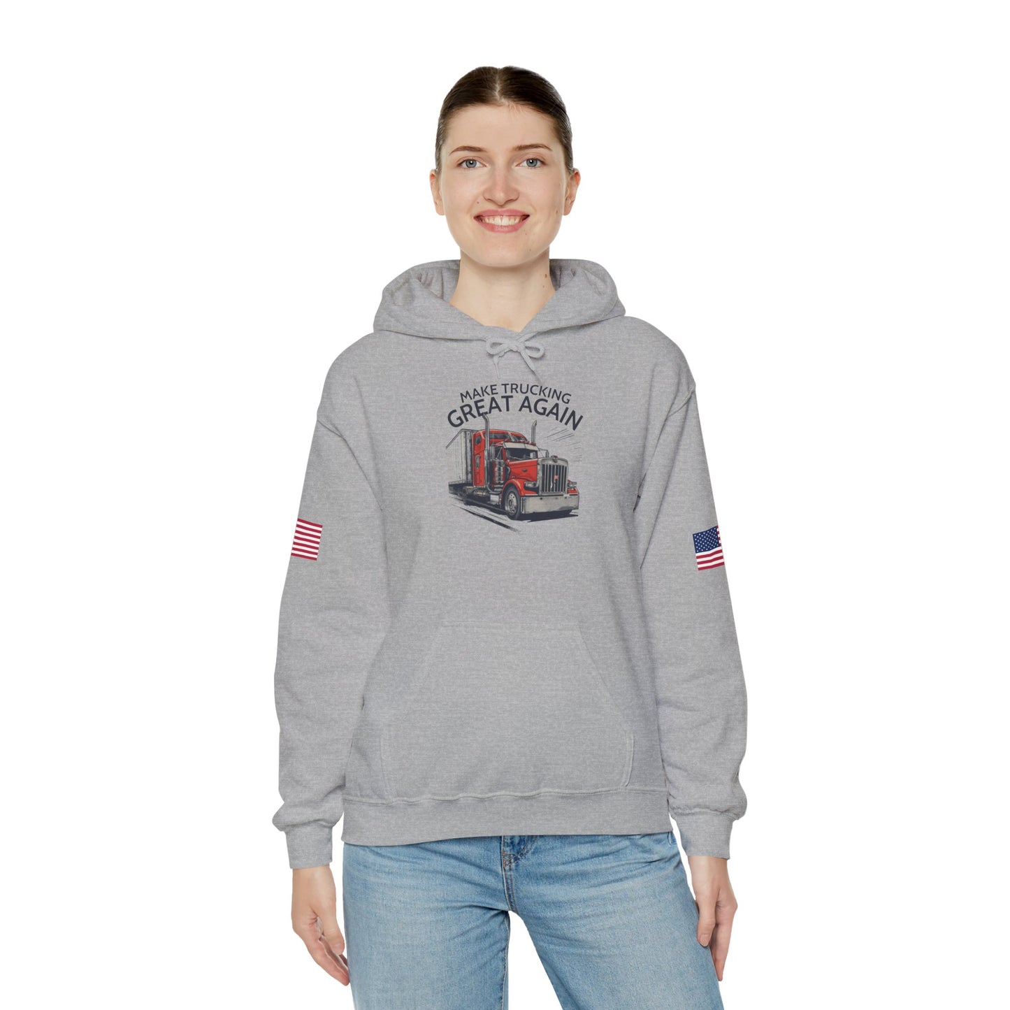 Trucker Hoodie - "Make Trucking Great Again" American Flag Sleeves
