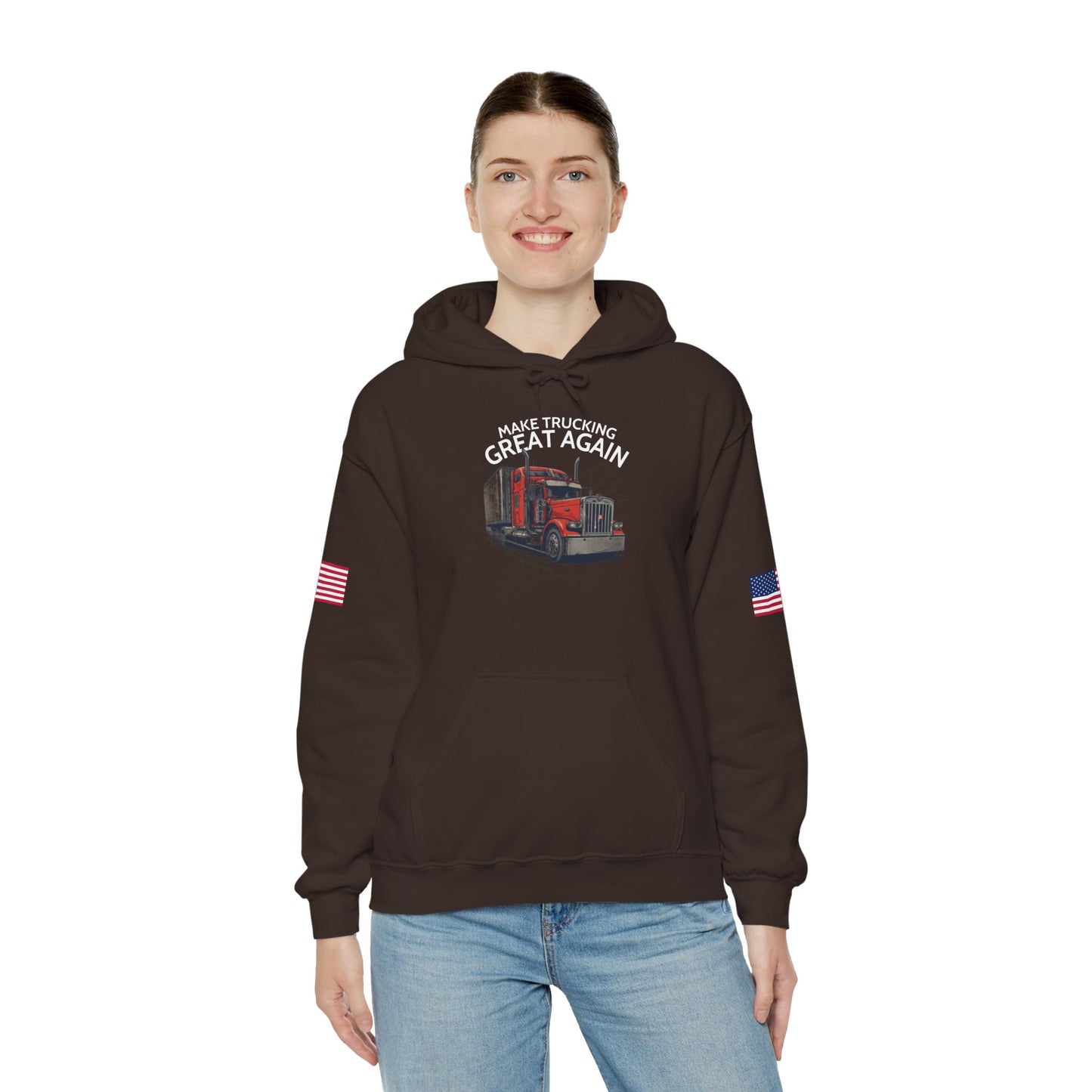 Make Trucking Great Again Hoodie — American Flag Sleeves, Trucker Semi Truck Sweatshirt