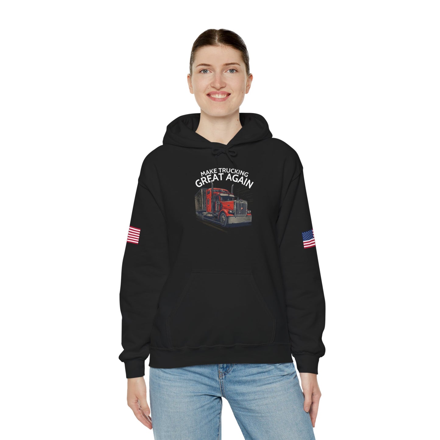 Make Trucking Great Again Hoodie — American Flag Sleeves, Trucker Semi Truck Sweatshirt