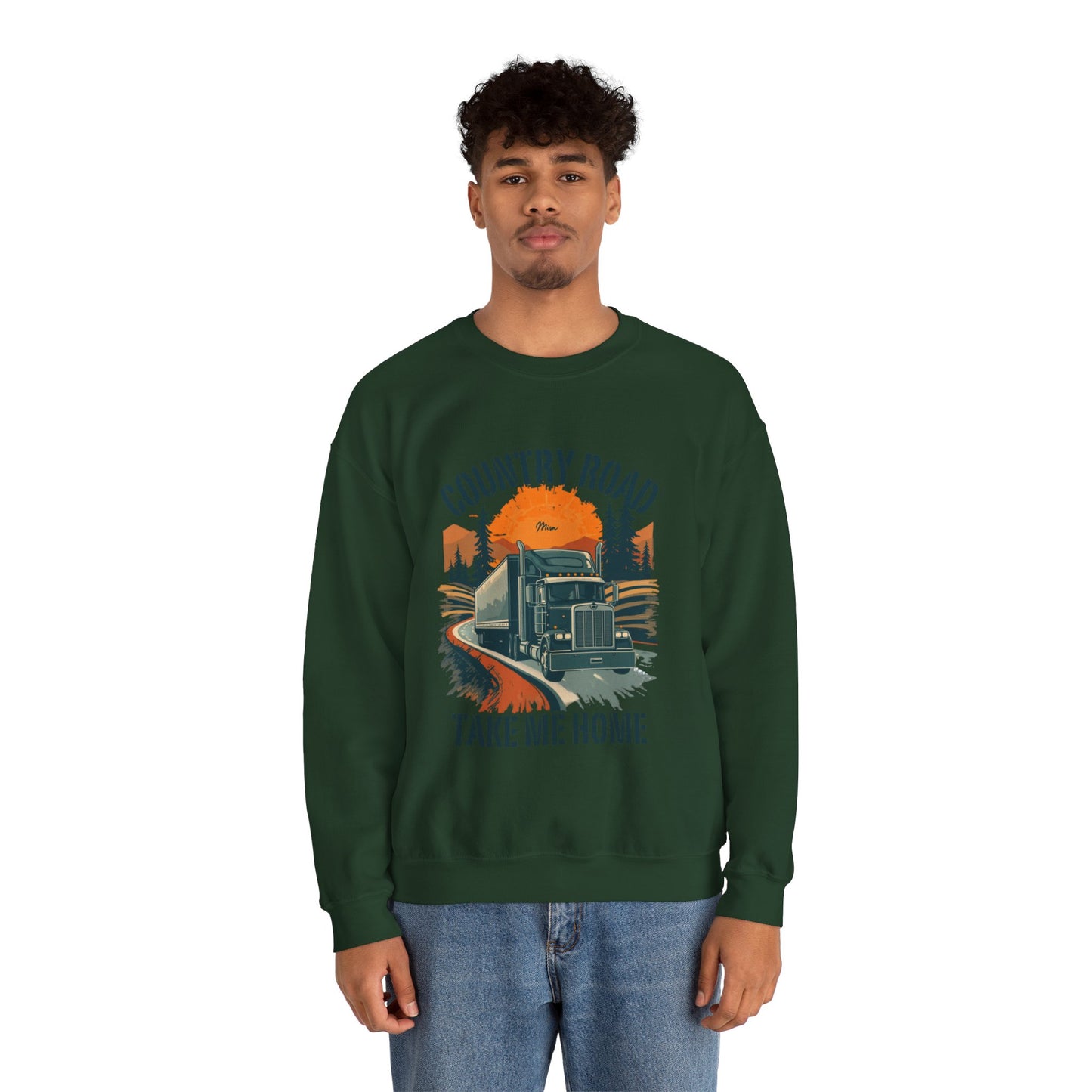Crewneck Sweatshirt — "Country Road Take Me Home" Trucking Sunset Graphic