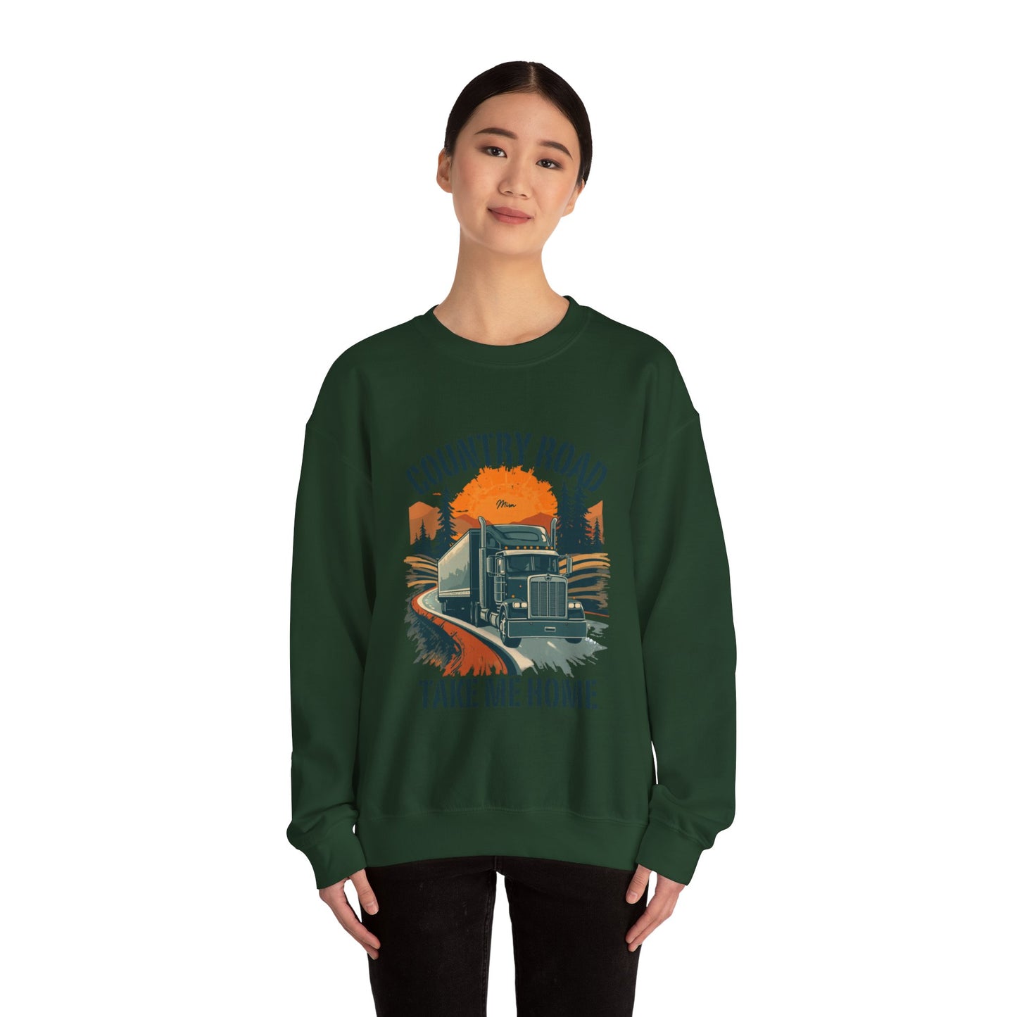 Crewneck Sweatshirt — "Country Road Take Me Home" Trucking Sunset Graphic