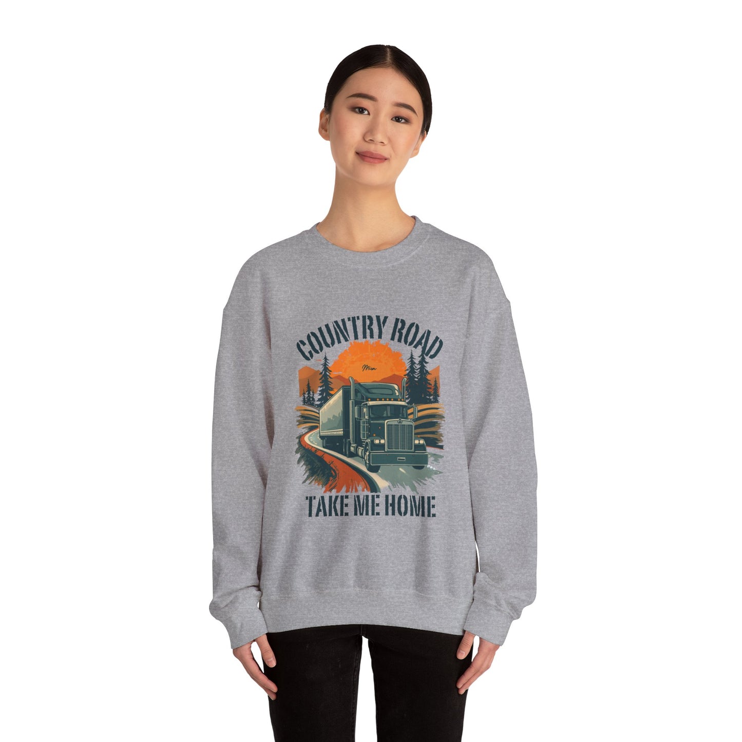 Crewneck Sweatshirt — "Country Road Take Me Home" Trucking Sunset Graphic