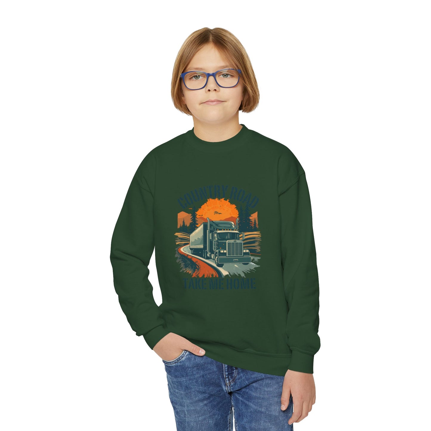 Youth Crewneck Sweatshirt — Retro 'Country Road Take Me Home' Truck Graphic