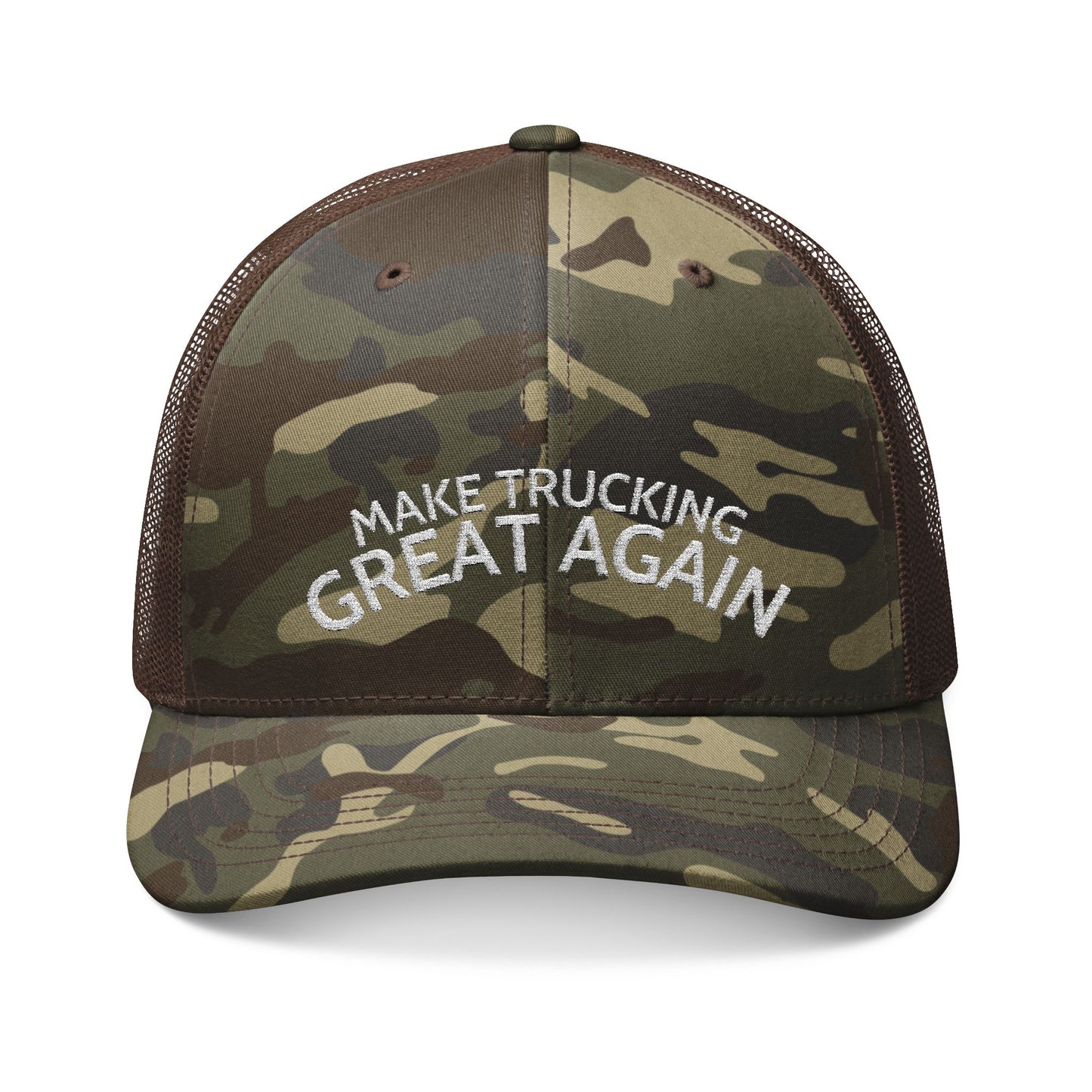 Camo Trucker Hat — "Make Trucking Great Again" Embroidered Mesh Cap