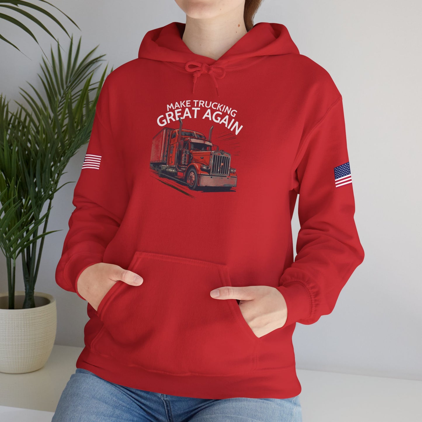 Make Trucking Great Again Hoodie — American Flag Sleeves, Trucker Semi Truck Sweatshirt