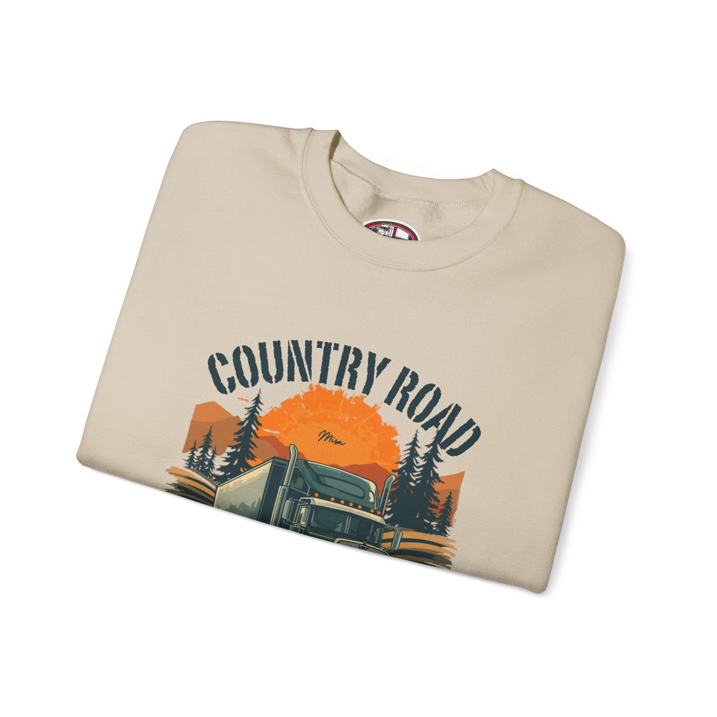 Crewneck Sweatshirt — "Country Road Take Me Home" Trucking Sunset Graphic